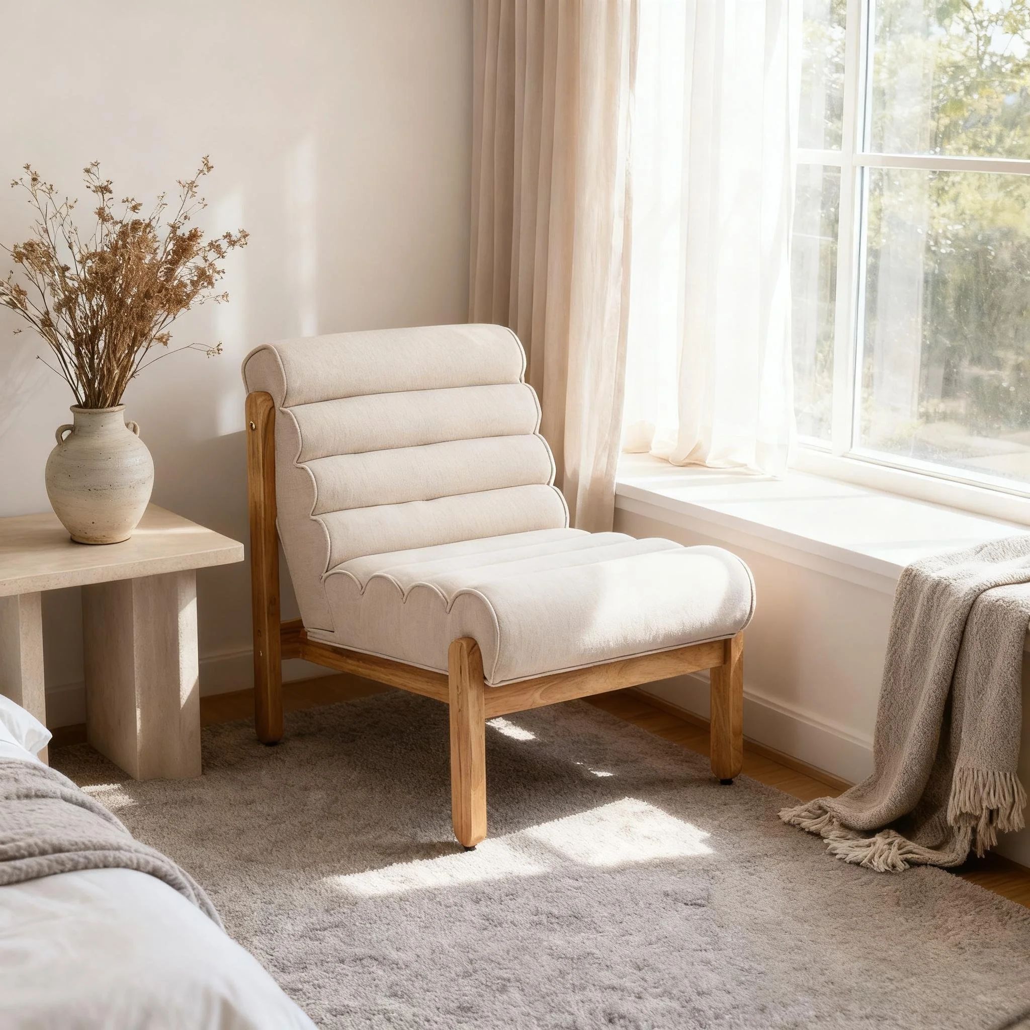 Beige and Natural Solid Wood Modern Accent Chair - Image 3