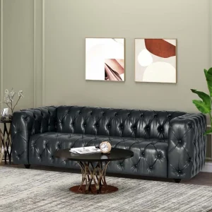 Black Faux Leather Vintage 3-Seater Tufted Sofa