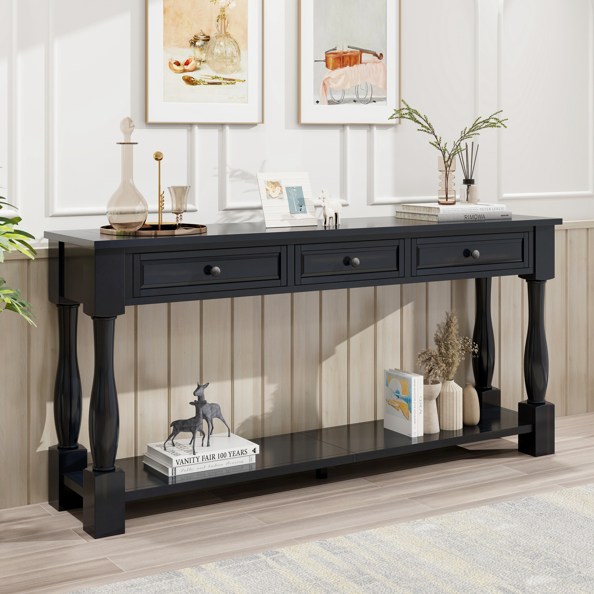 Brown Storage Console Table - Nora Lane Home furniture - Solid wood - 66.14 x 17.72 x 12.4 in