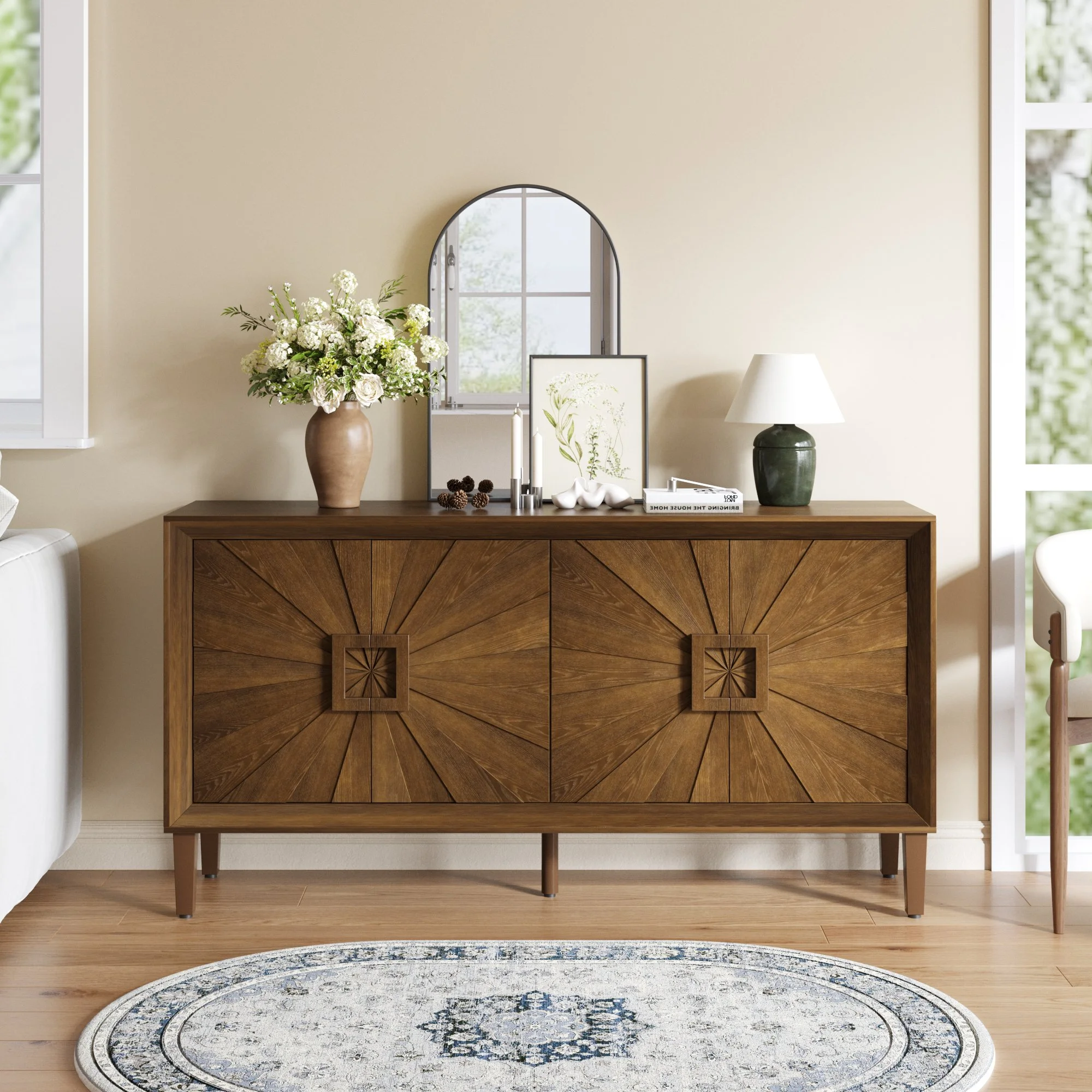 Antique Brown Solid Wood Farmhouse Sideboard with Adjustable Shelves and Sunburst Doors - Image 2