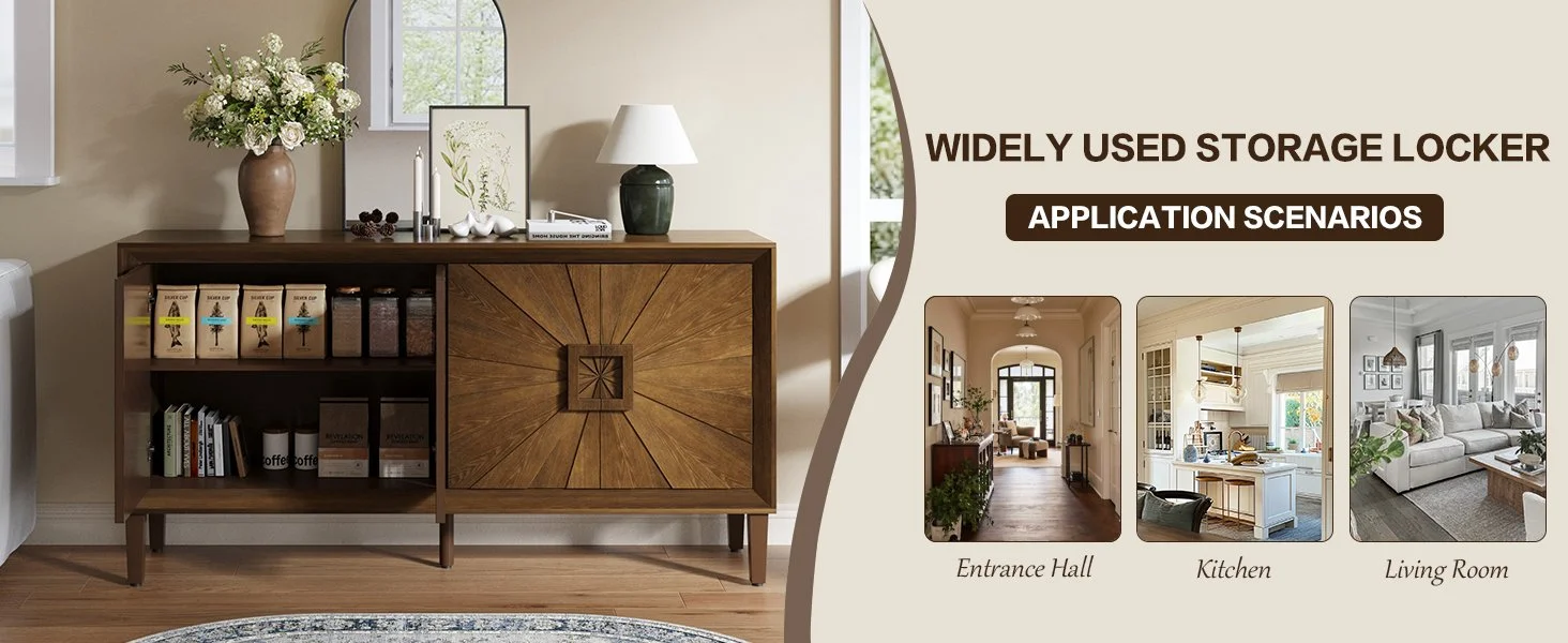 Antique Brown Solid Wood Farmhouse Sideboard with Adjustable Shelves and Sunburst Doors - Image 7