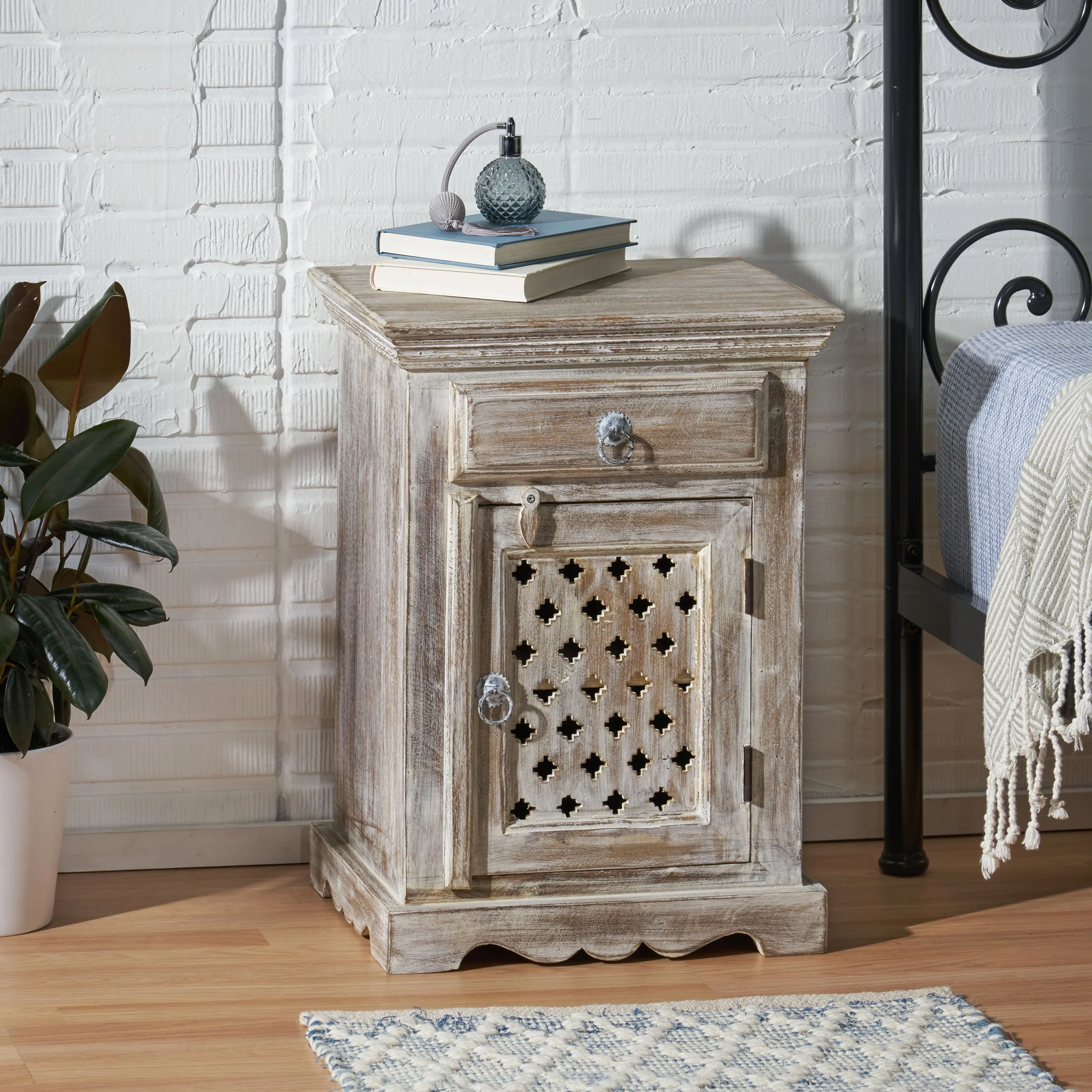 White Wood Boho Nightstand with 1 Drawer - Image 3