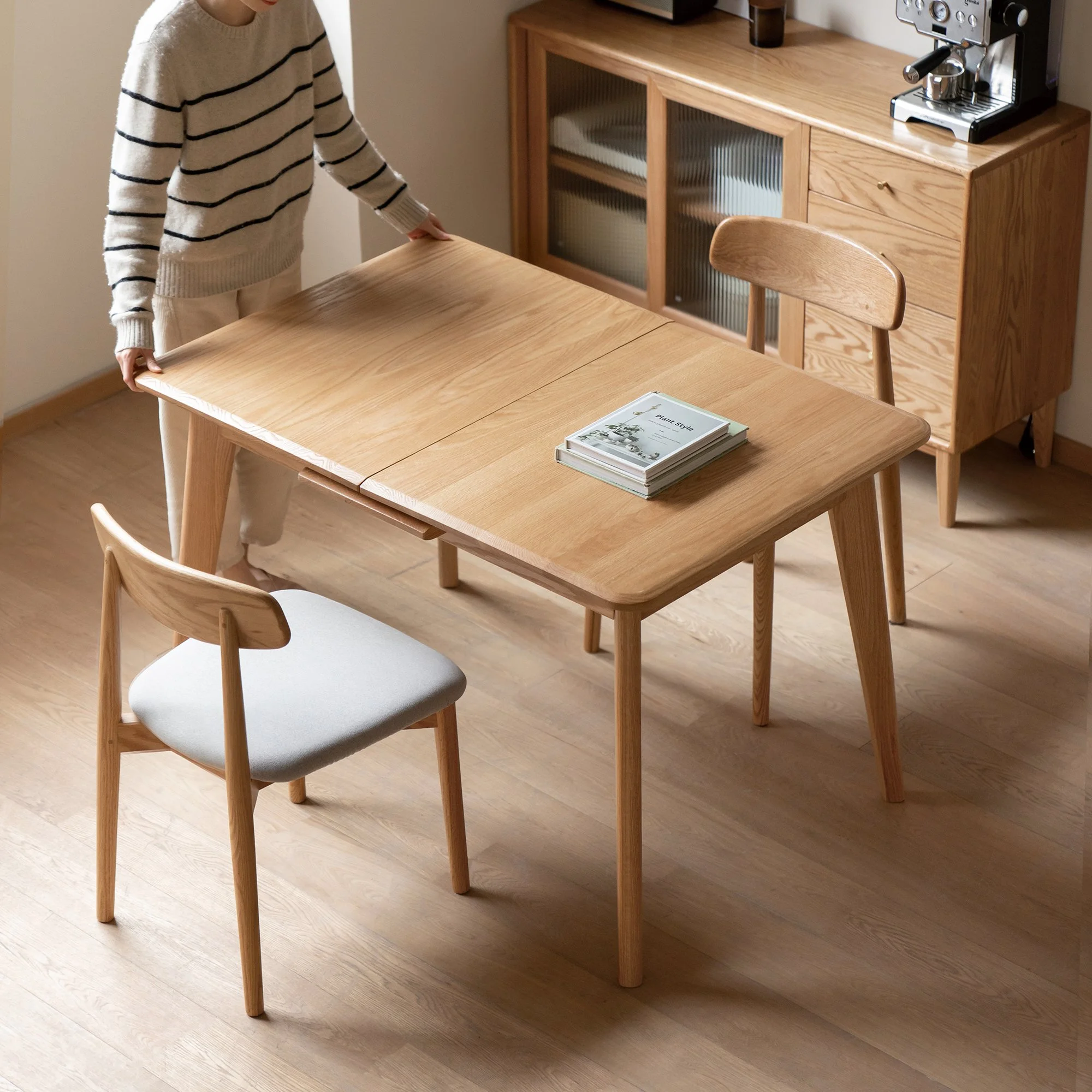 Light Oak Solid Wood Mid-century Extendable Dining Table - Image 5