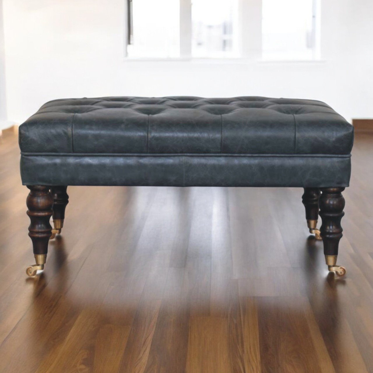 Brown Solid Wood Vintage Ottoman with Tufted