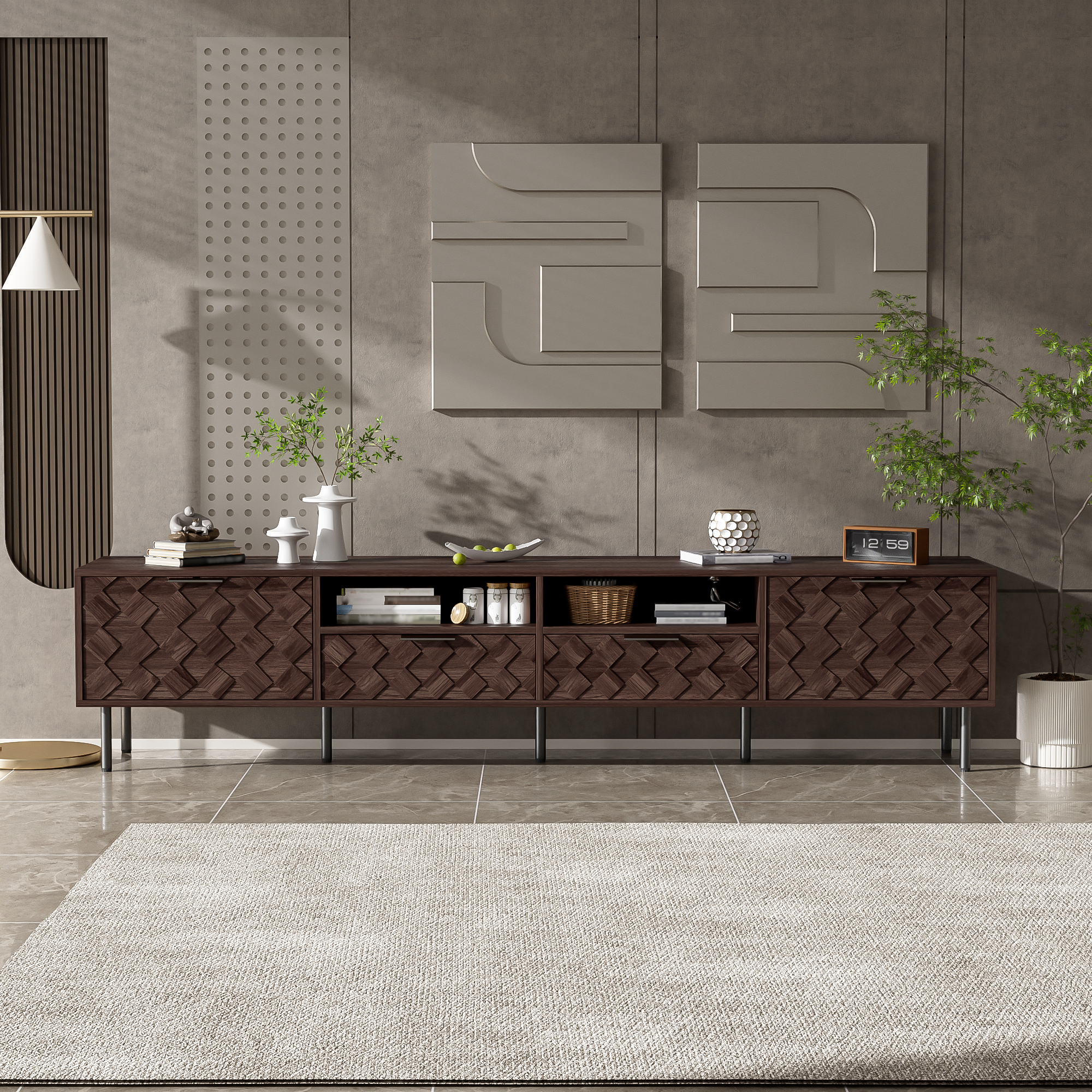 Brown Storage TV Stand - Nora Lane Home furniture - Metal accent - 64.57 x 19.84 x 5.71 in