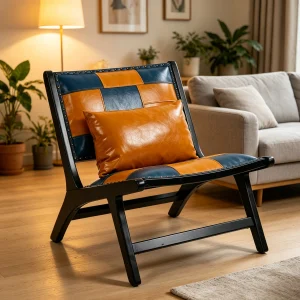 Blue and Yellow Faux Leather Mid-century Armchair