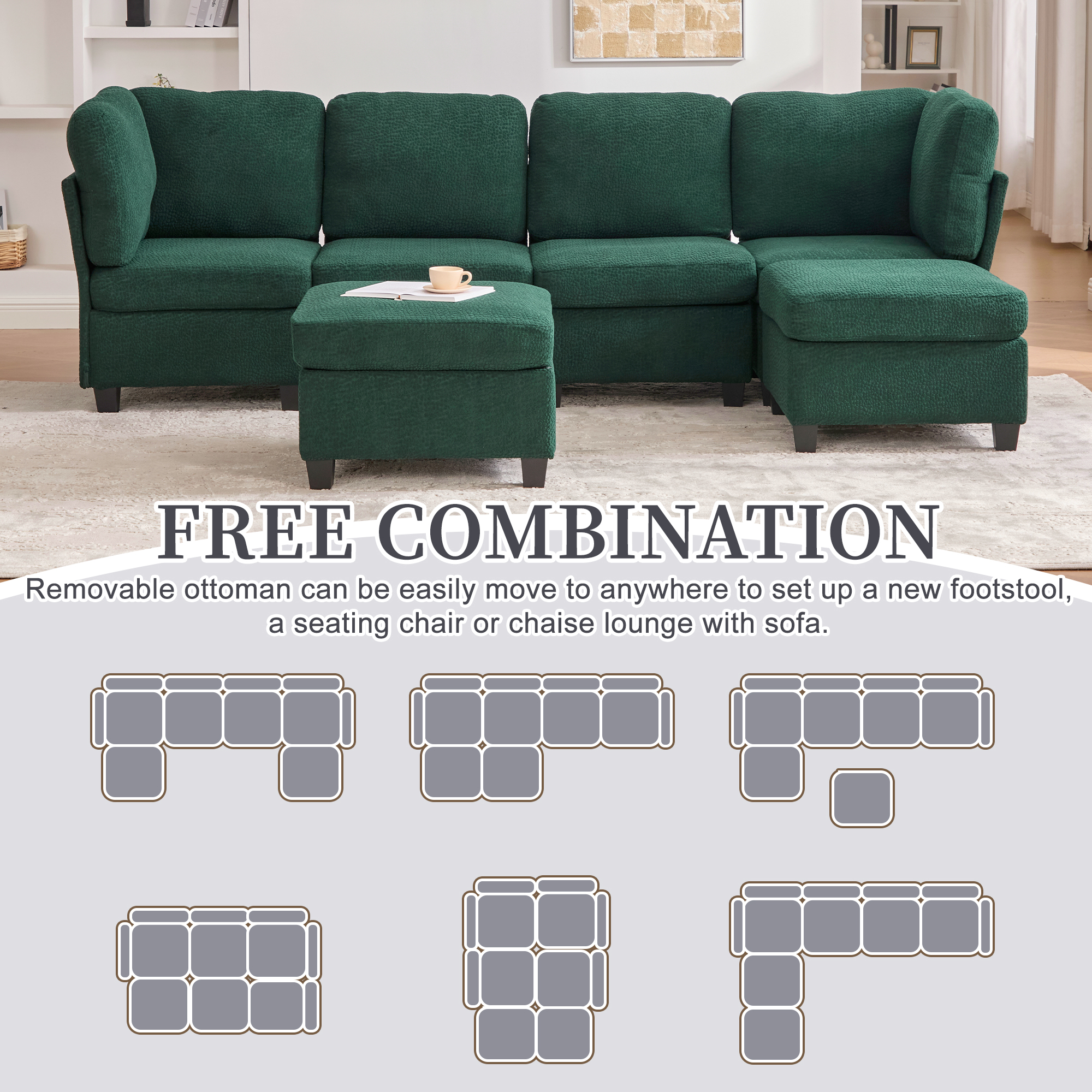 Emerald Polyester Chaise Convertible Storage Bench - Nora Lane Home furniture - Solid wood, Upholstered