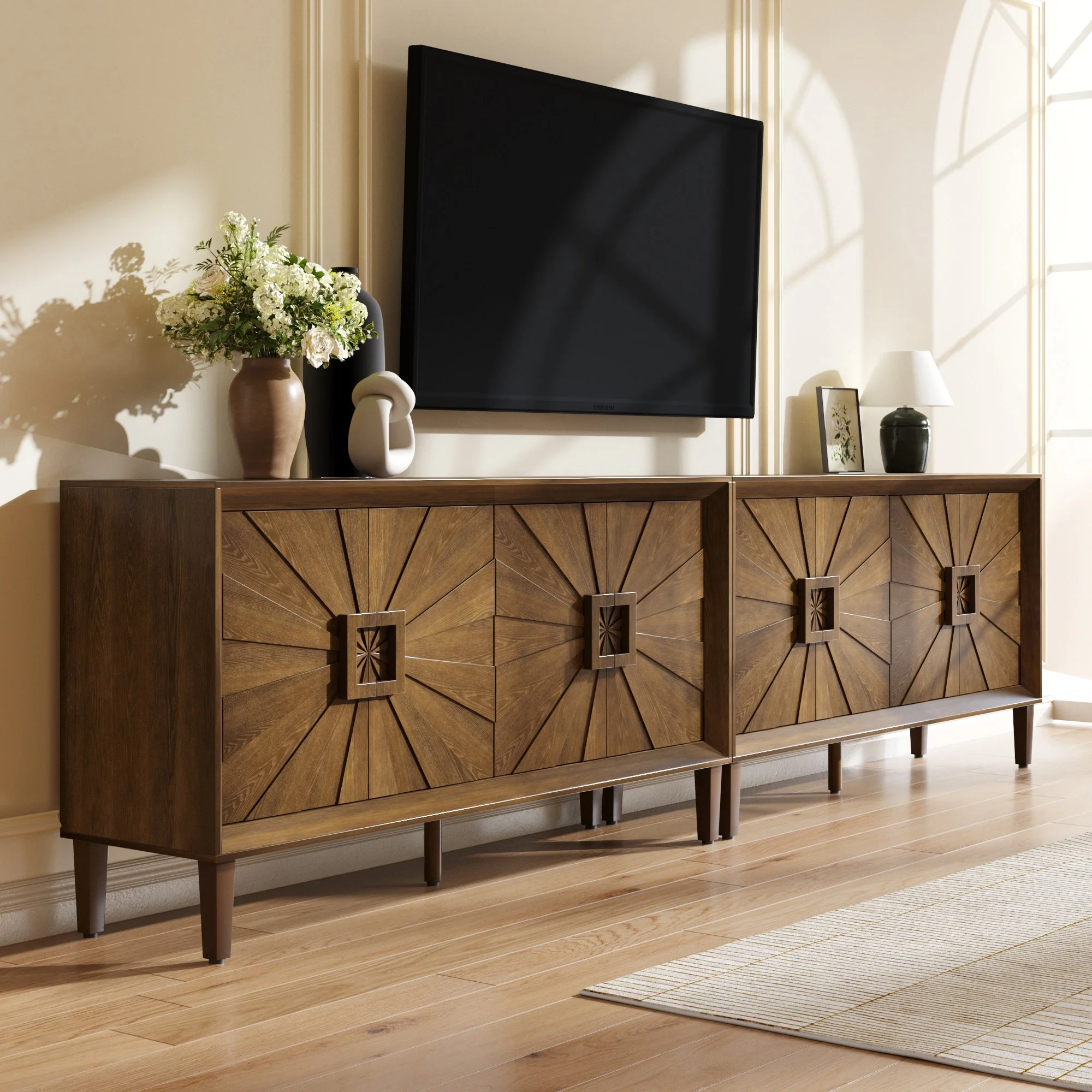 Antique Brown Solid Wood Farmhouse Sideboard with Adjustable Shelves and Sunburst Doors - Image 6