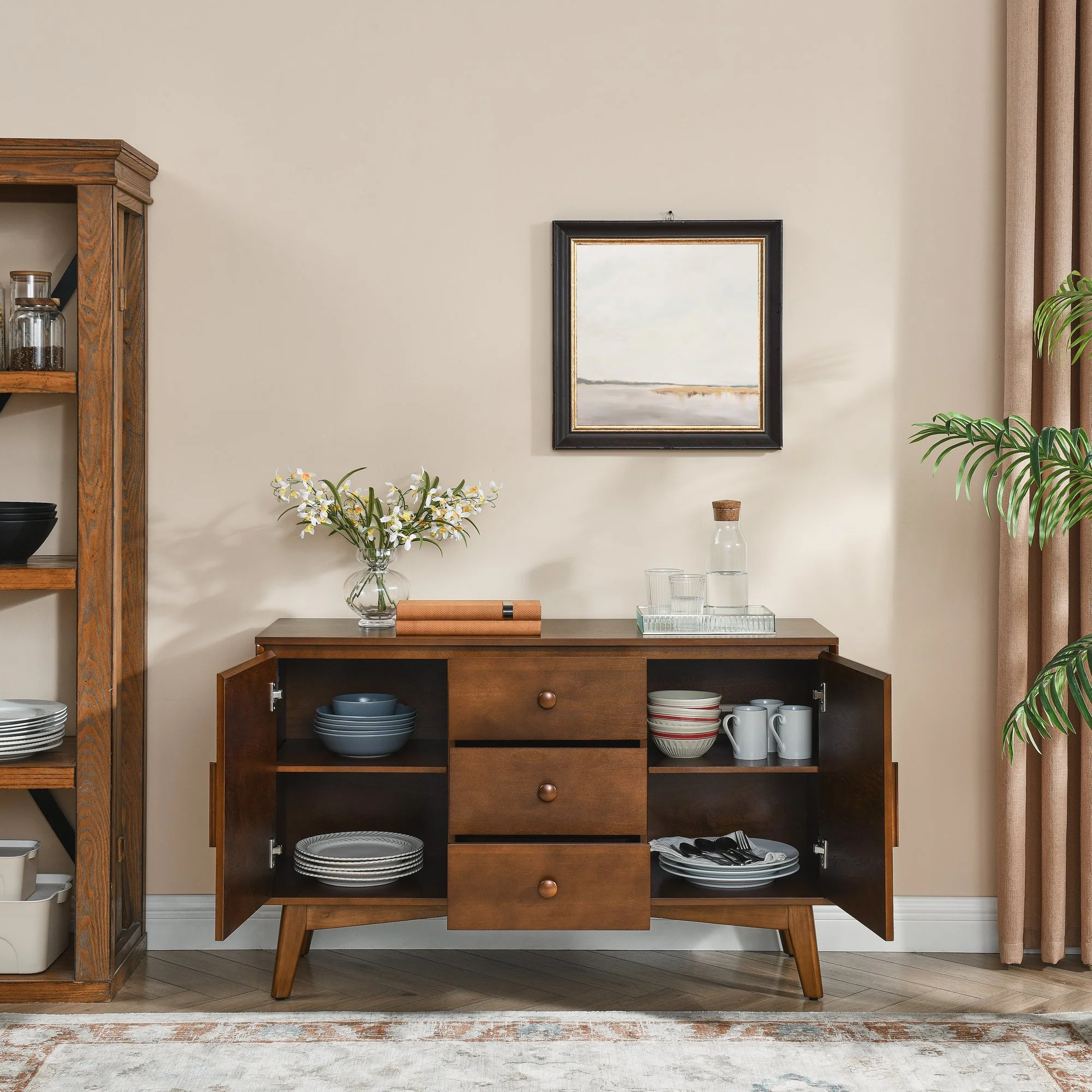 Walnut Solid Wood Mid-century Sideboard with 3 Drawers - Image 3