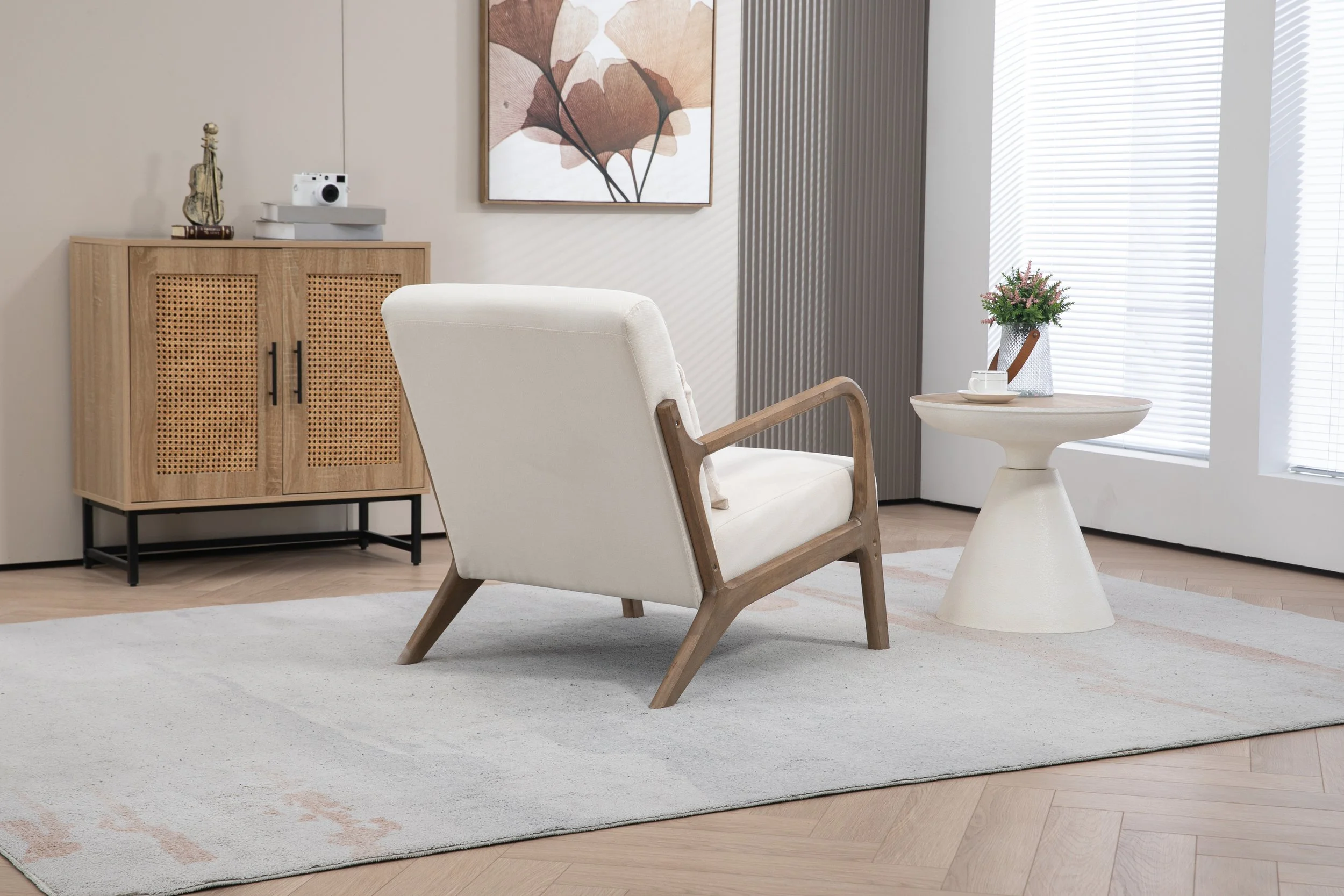 Antique White Linen Mid-century Armchair - Image 4