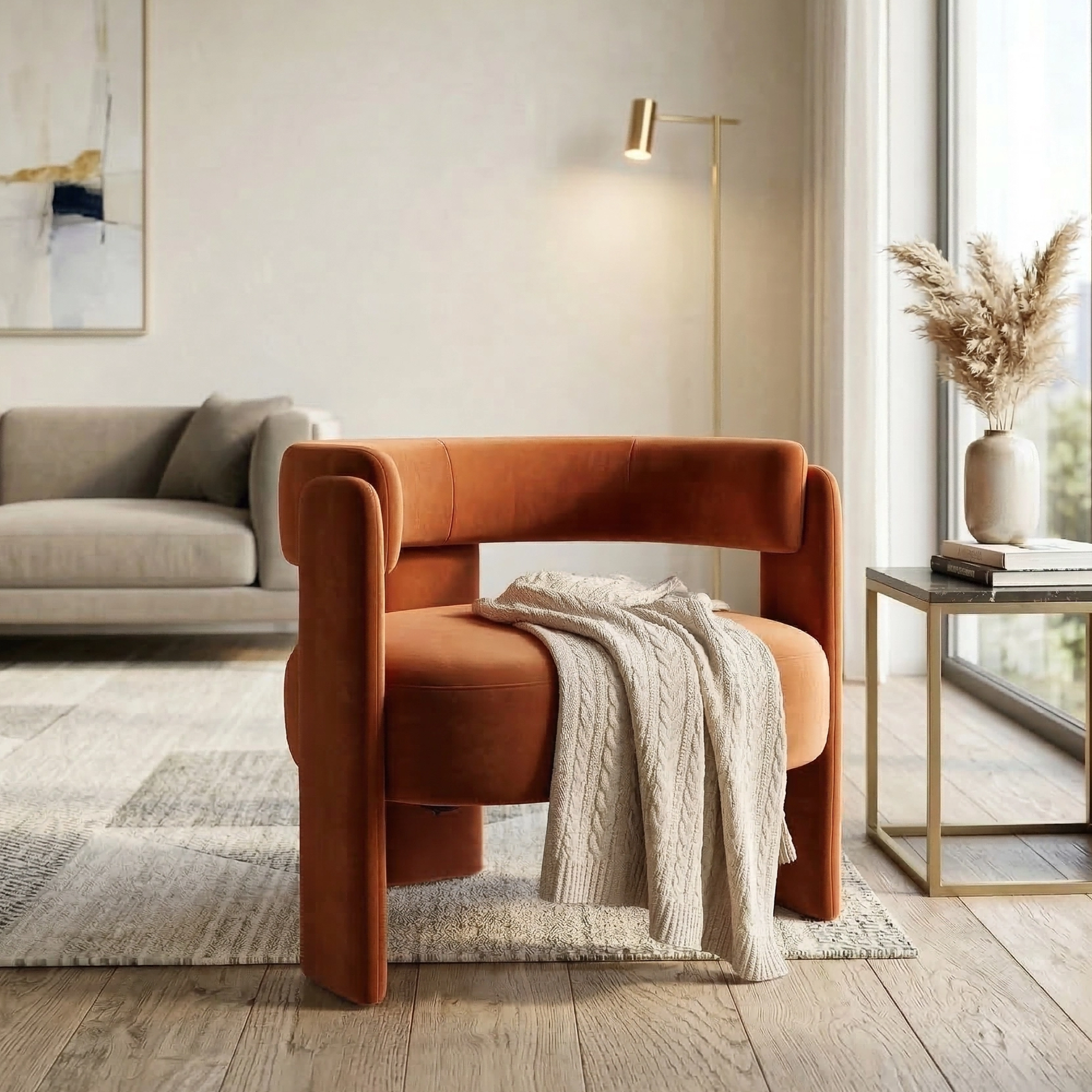 Orange Velvet Modern Sofa