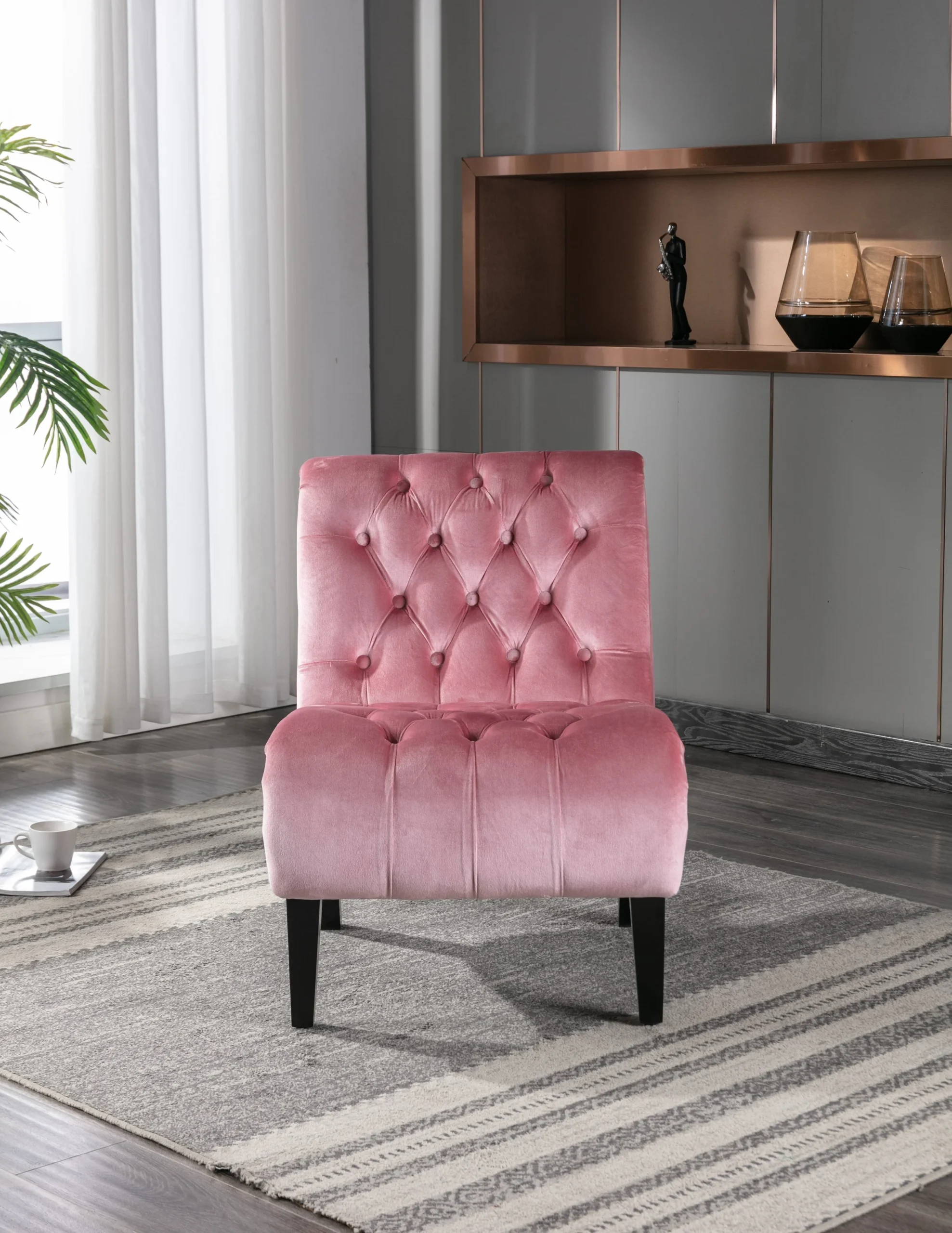 Pink Velvet Modern Accent Chair with Tufted - Image 3