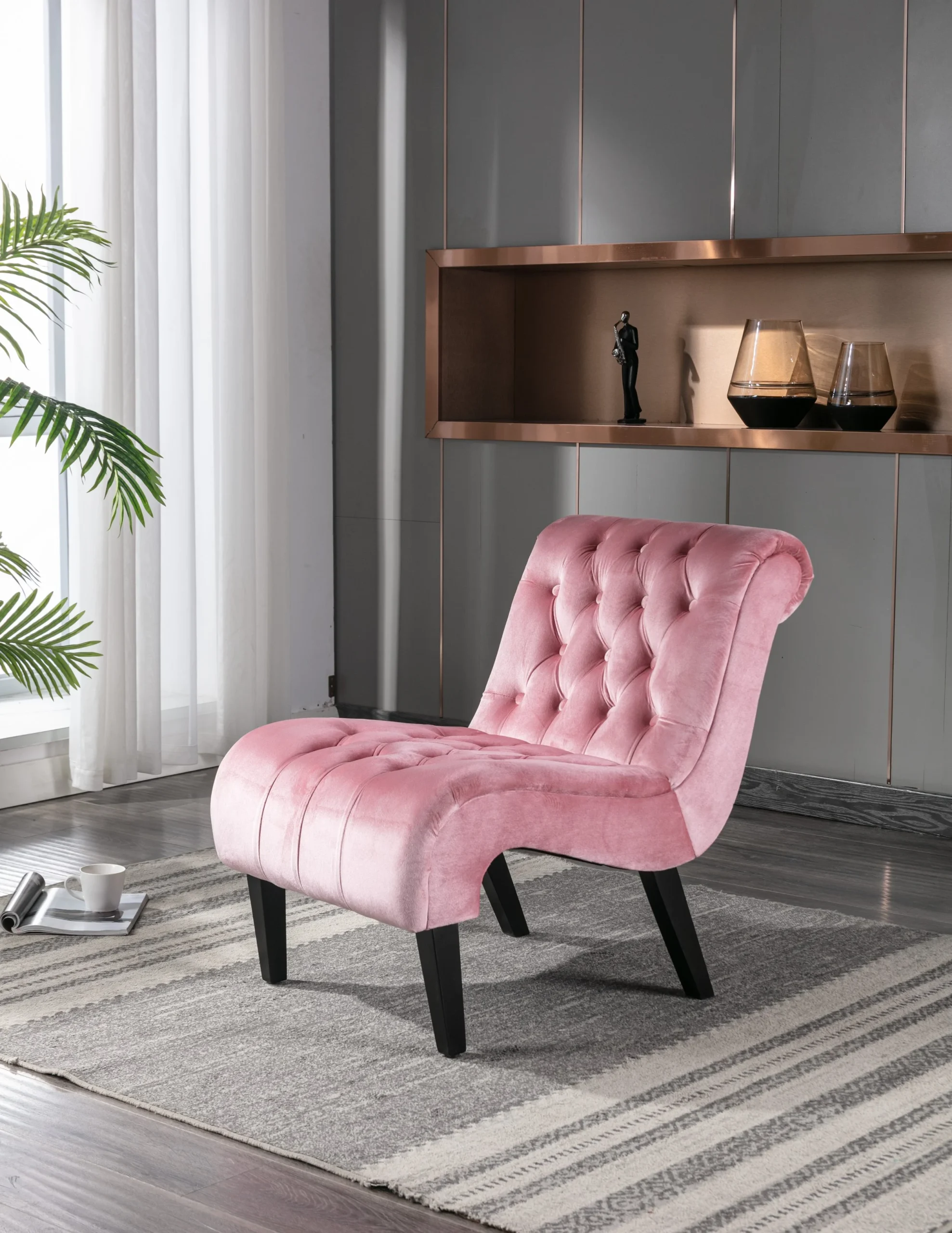 Pink Velvet Modern Accent Chair with Tufted - Image 2