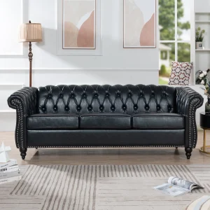 Black Faux Leather Contemporary 3-Seater Chesterfield Sofa with Rolled Arms