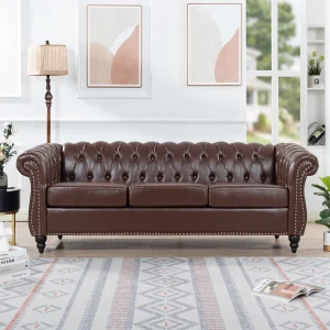 Dark Brown Faux Leather Contemporary 3-Seater Chesterfield Sofa with Rolled Arms