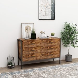 Rustic Brown Metal and Wood Dresser with 6 Drawers