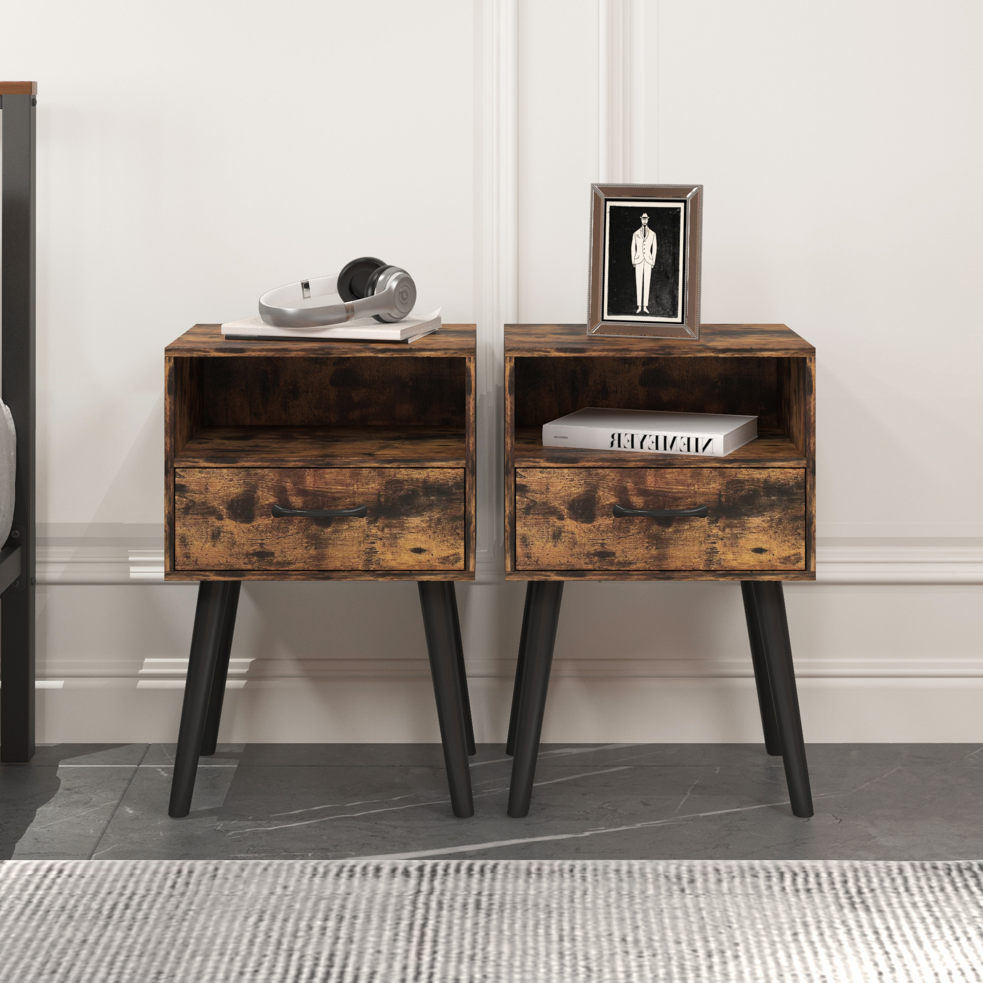 Brown Set of 2 Storage Nightstands - Nora Lane Home furniture - Glass detail - 20.2 x 14.2 x 14.2 in