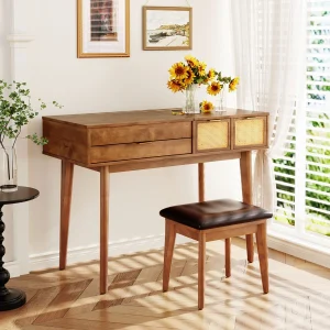 Brown Faux Leather Table with Rattan Detail