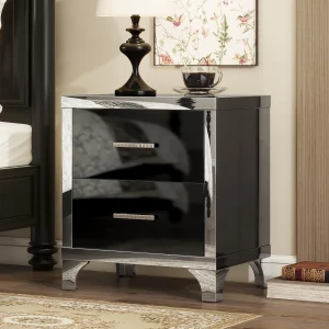 Black Glass and Metal Nightstand with 2 Drawers