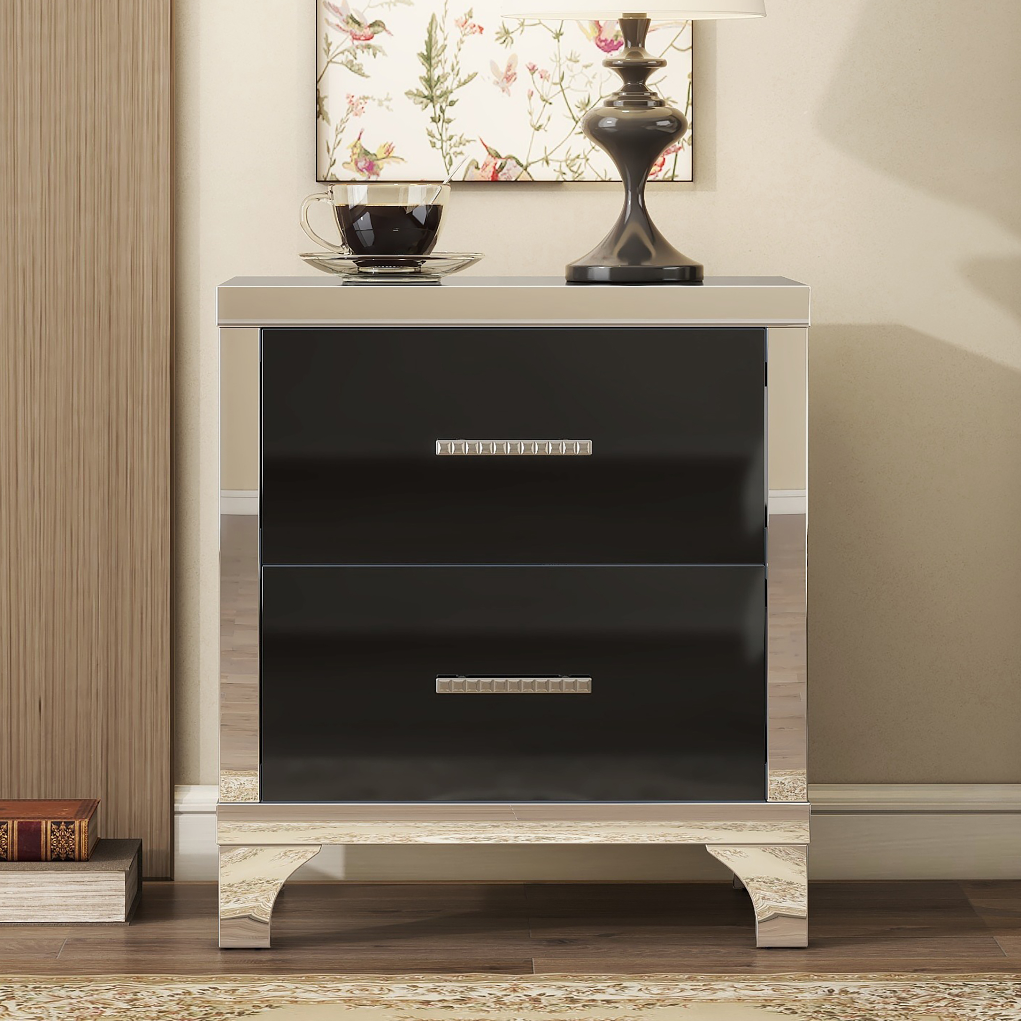 Black Storage Nightstand - Nora Lane Home furniture - Metal accent, Glass detail - 26.77 x 18.9 x 11.22 in