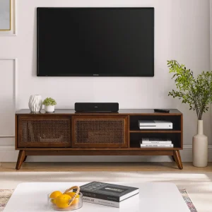 Walnut Rattan Mid-century TV Stand with Rattan Detail