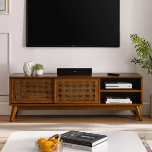 Brown Ebony Rattan Mid-century TV Stand with Rattan Detail