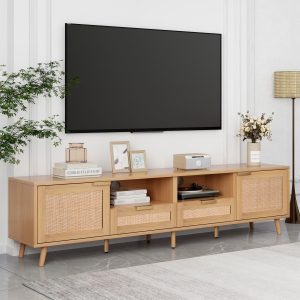 Wood Rattan Farmhouse TV Stand with Rattan Detail