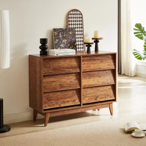 Brown Solid Wood Vintage Dresser with 6 Drawers