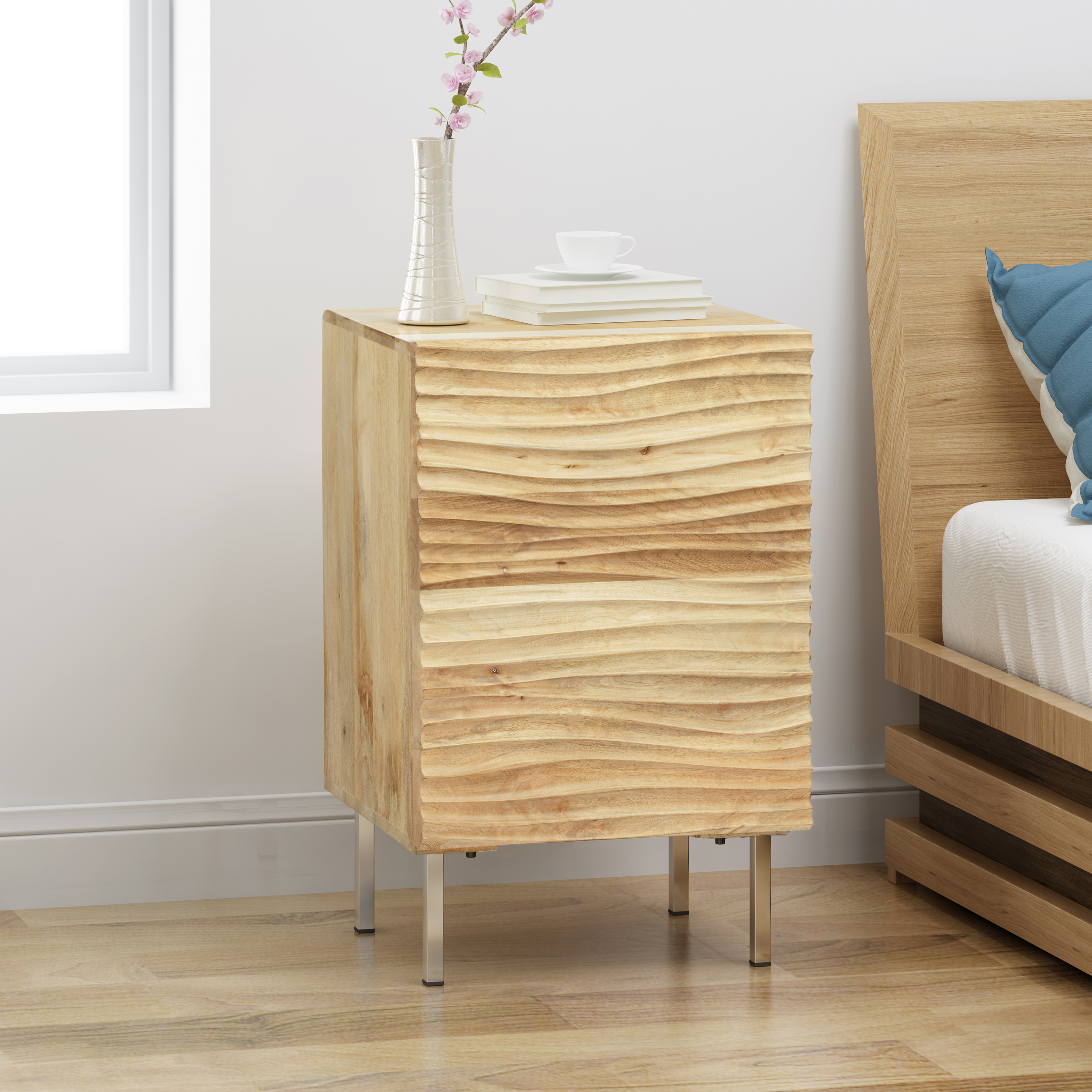 Natural Wood Wood Storage Nightstand - Nora Lane Home furniture - Solid wood, Metal accent - 26 x 21 x 19.5 in