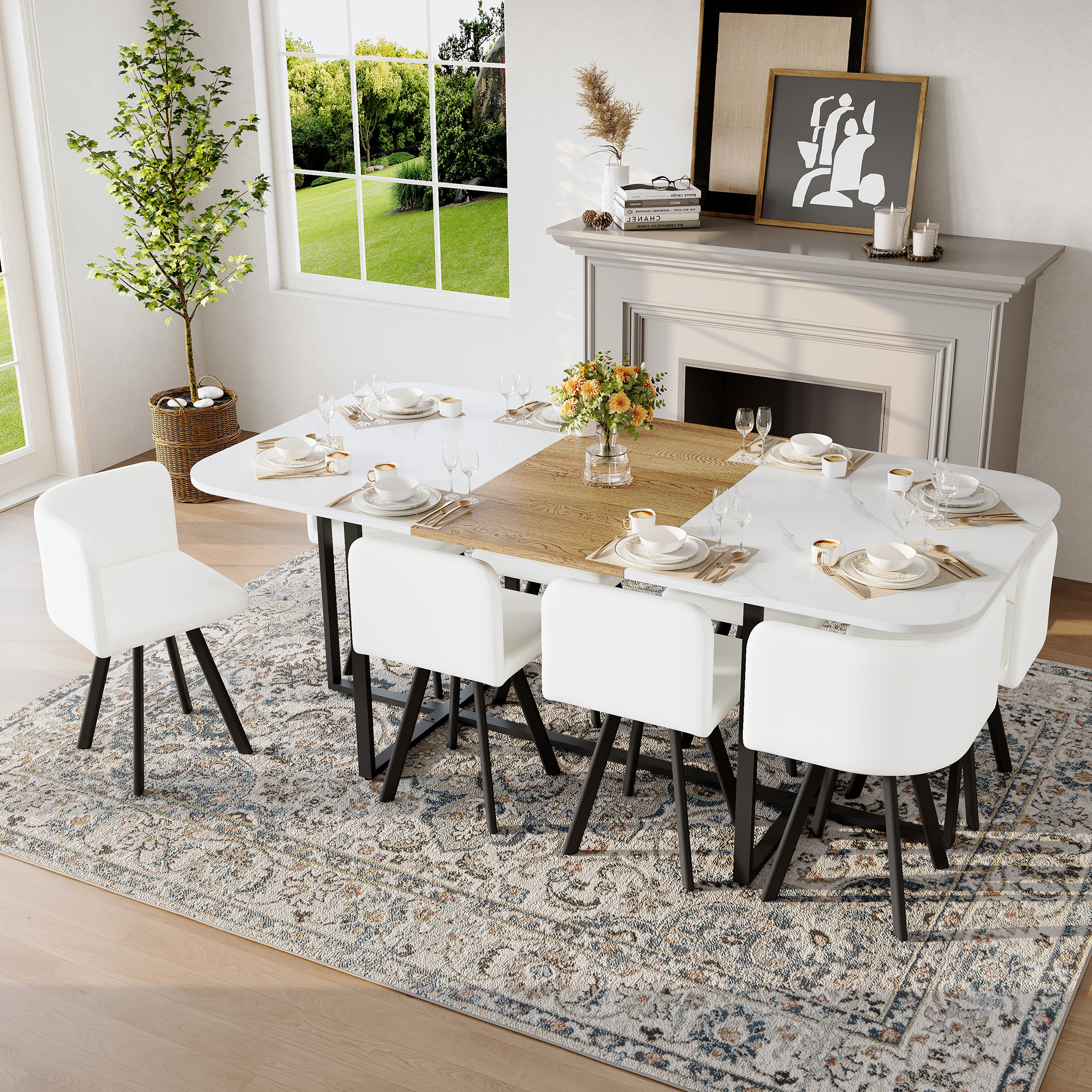White Faux Leather Dining Table - Nora Lane Home furniture - Marble detail, Upholstered
