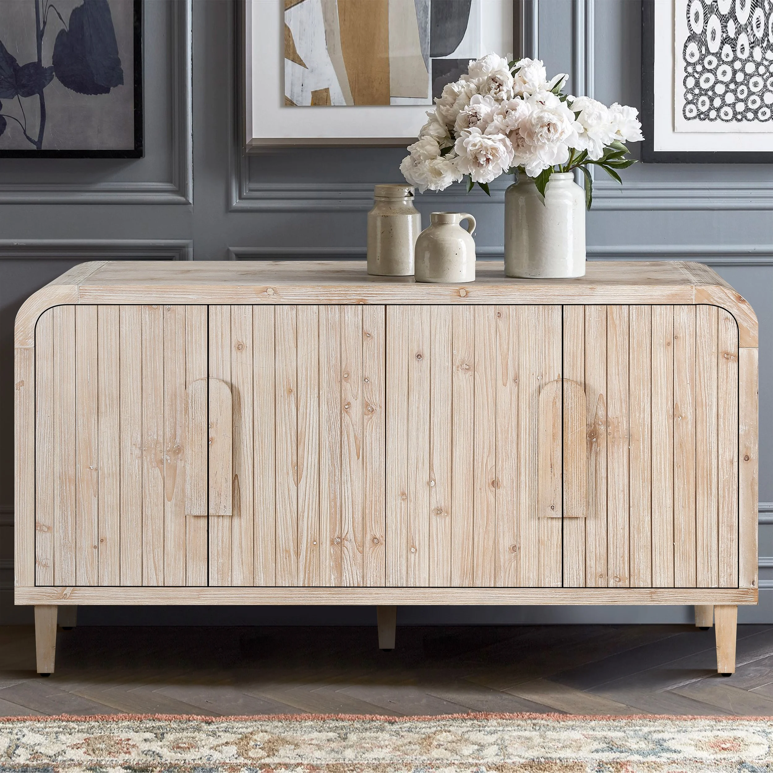 Antique White and Natural Wood Wash Solid Wood Farmhouse Sideboard with Adjustable Shelves - Image 2