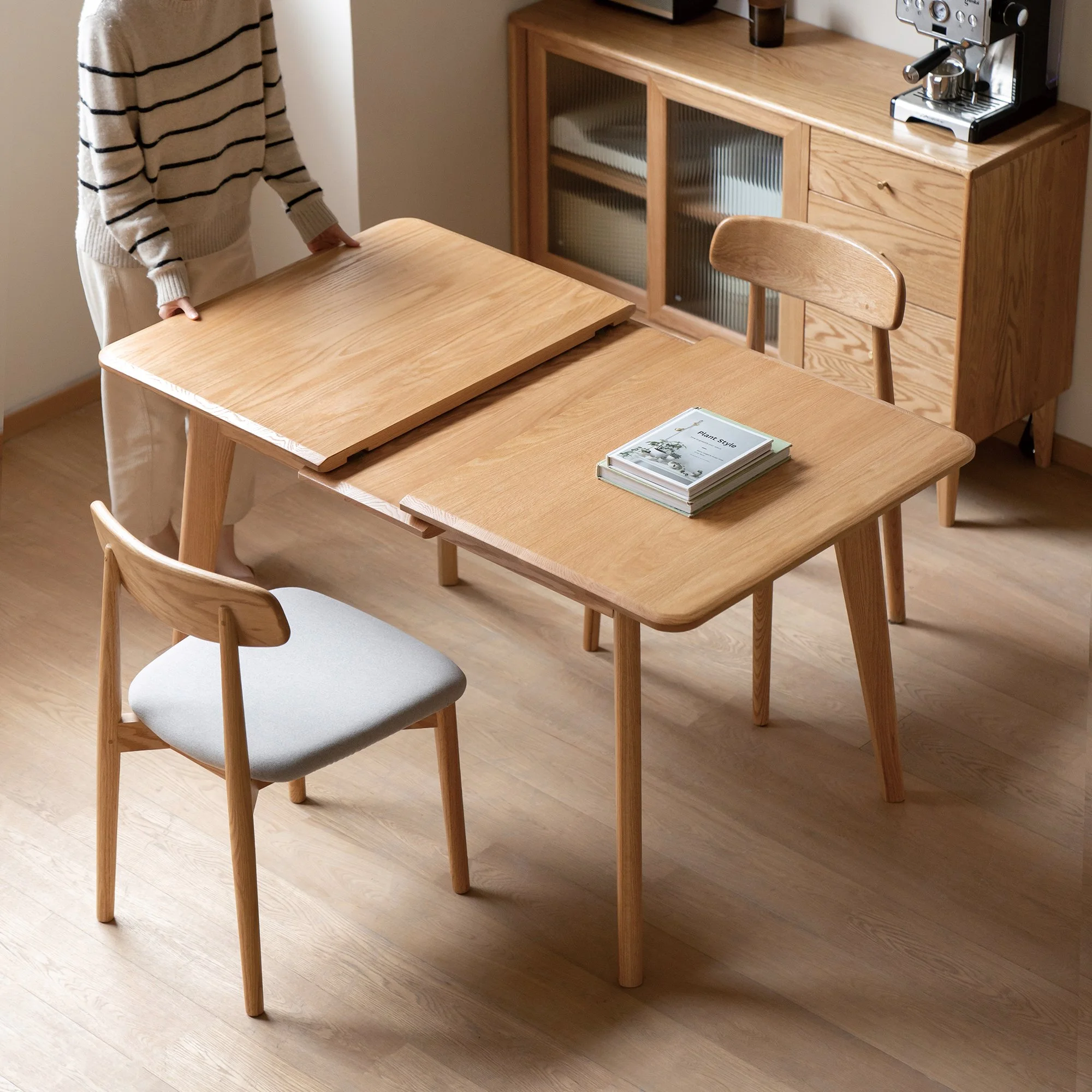 Light Oak Solid Wood Mid-century Extendable Dining Table - Image 6