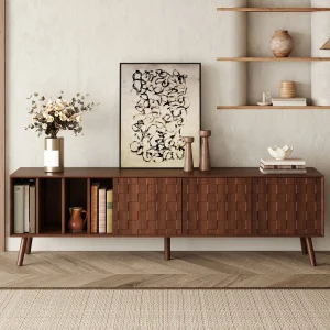 Walnut Solid Wood Modern TV Stand with Hidden Storage