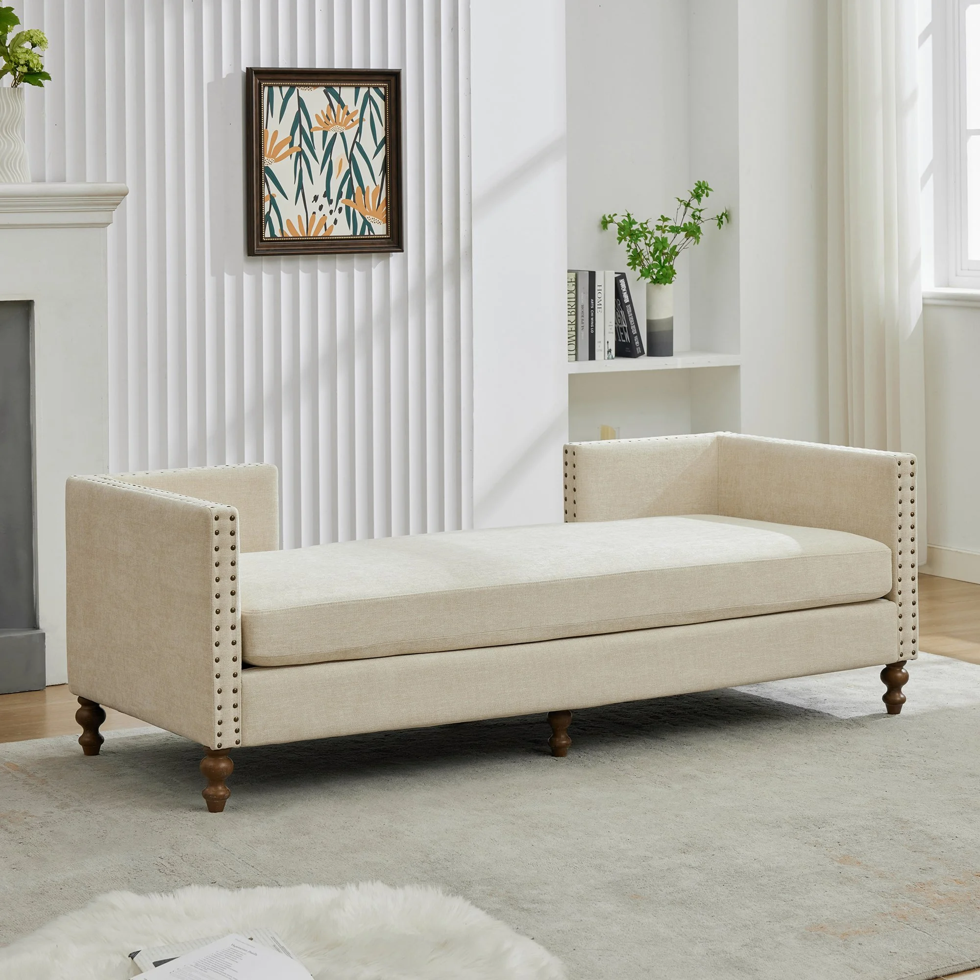 Beige Solid Wood Chaise Lounge with Convertible and Nailhead Trim - Image 8