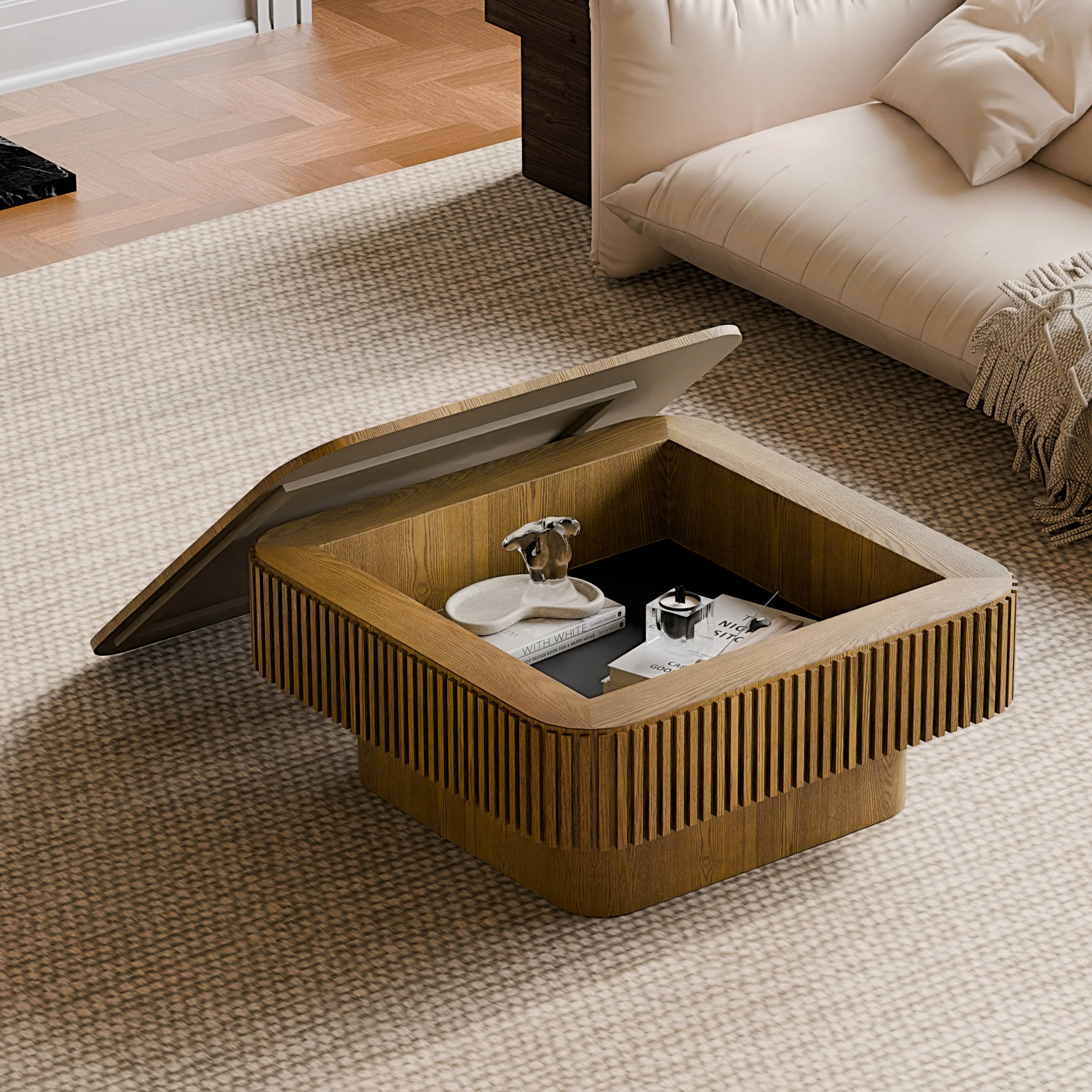 Brown Solid Wood Modern Coffee Table with Hidden Storage and Fluted Detail - Image 3