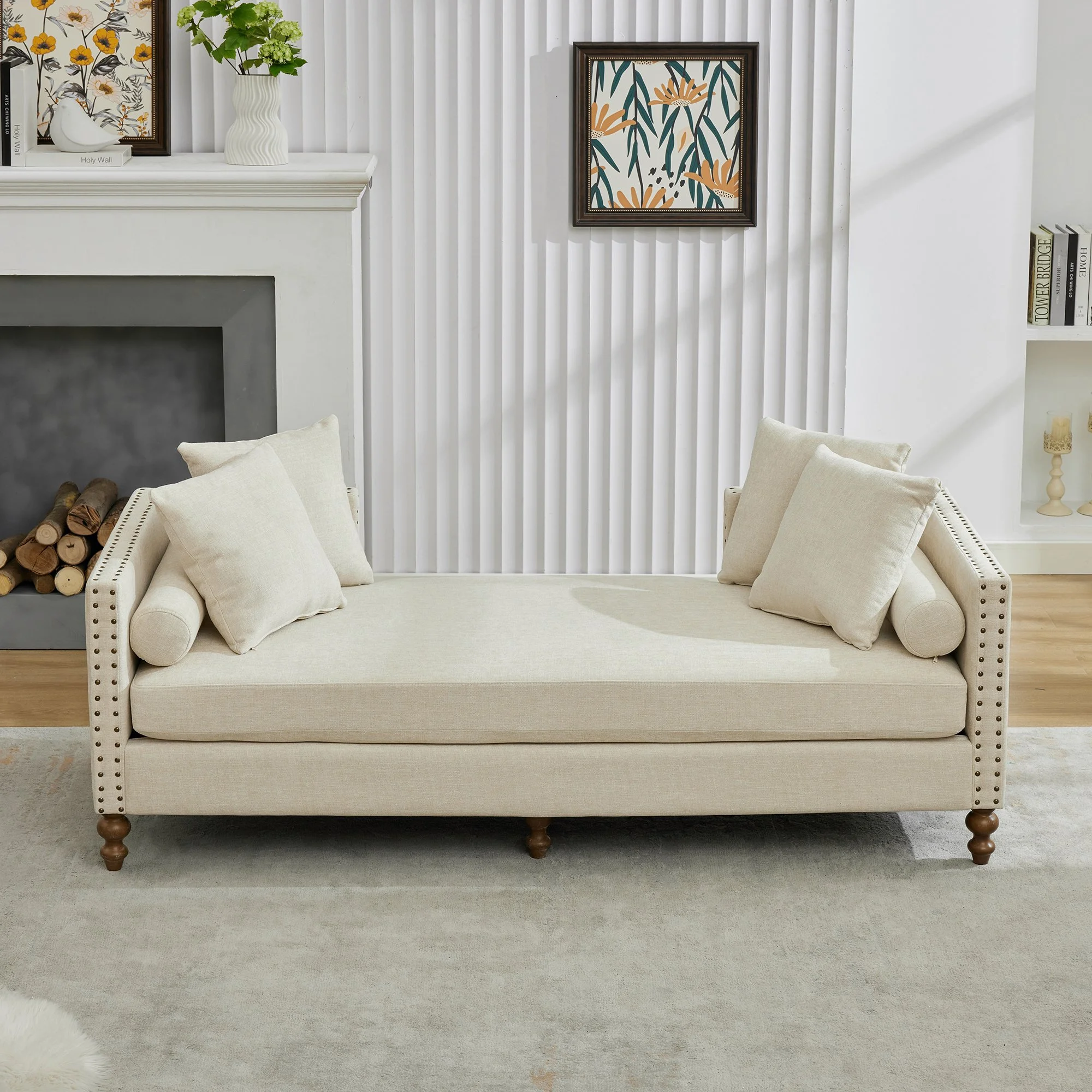 Beige Solid Wood Chaise Lounge with Convertible and Nailhead Trim - Image 2