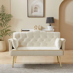 Cream White Velvet Contemporary Tufted Sofa