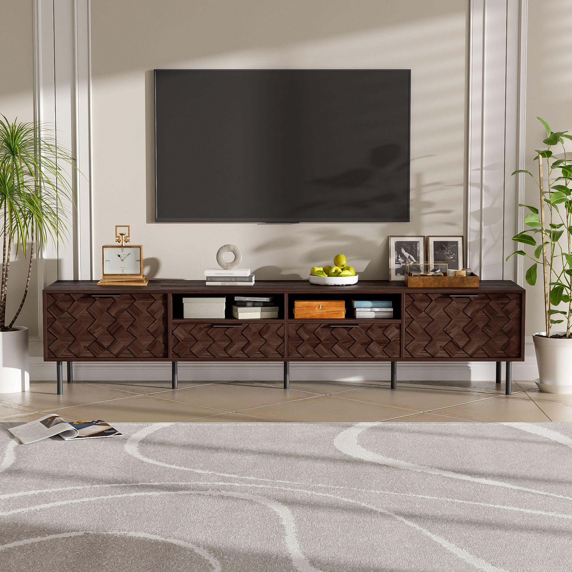 Brown Storage TV Stand - Nora Lane Home furniture - Metal accent - 64.57 x 19.84 x 5.71 in