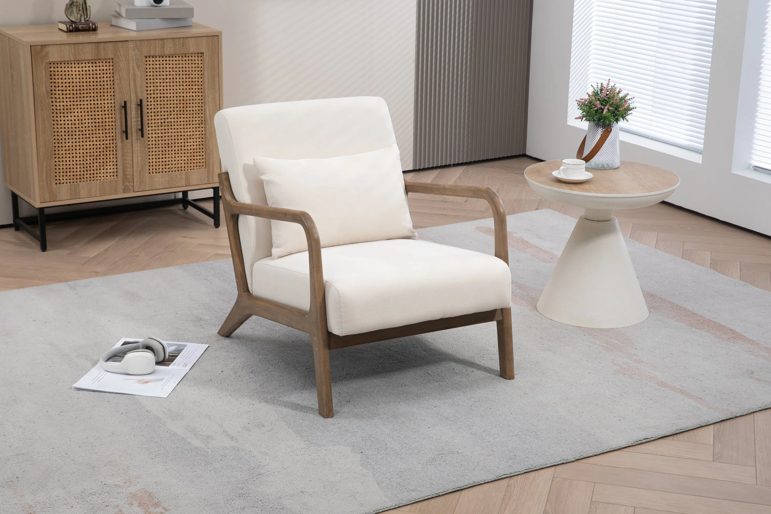 Antique White Linen Mid-century Armchair - Image 2