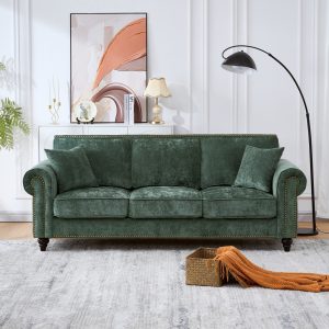 Green Velvet Modern 3-Seater Sofa with Nailhead Trim and Rolled Arms
