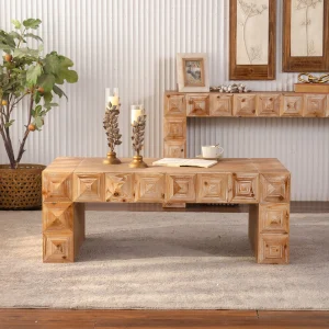 Natural Wood Solid Wood Farmhouse Coffee Table with Carved Relief