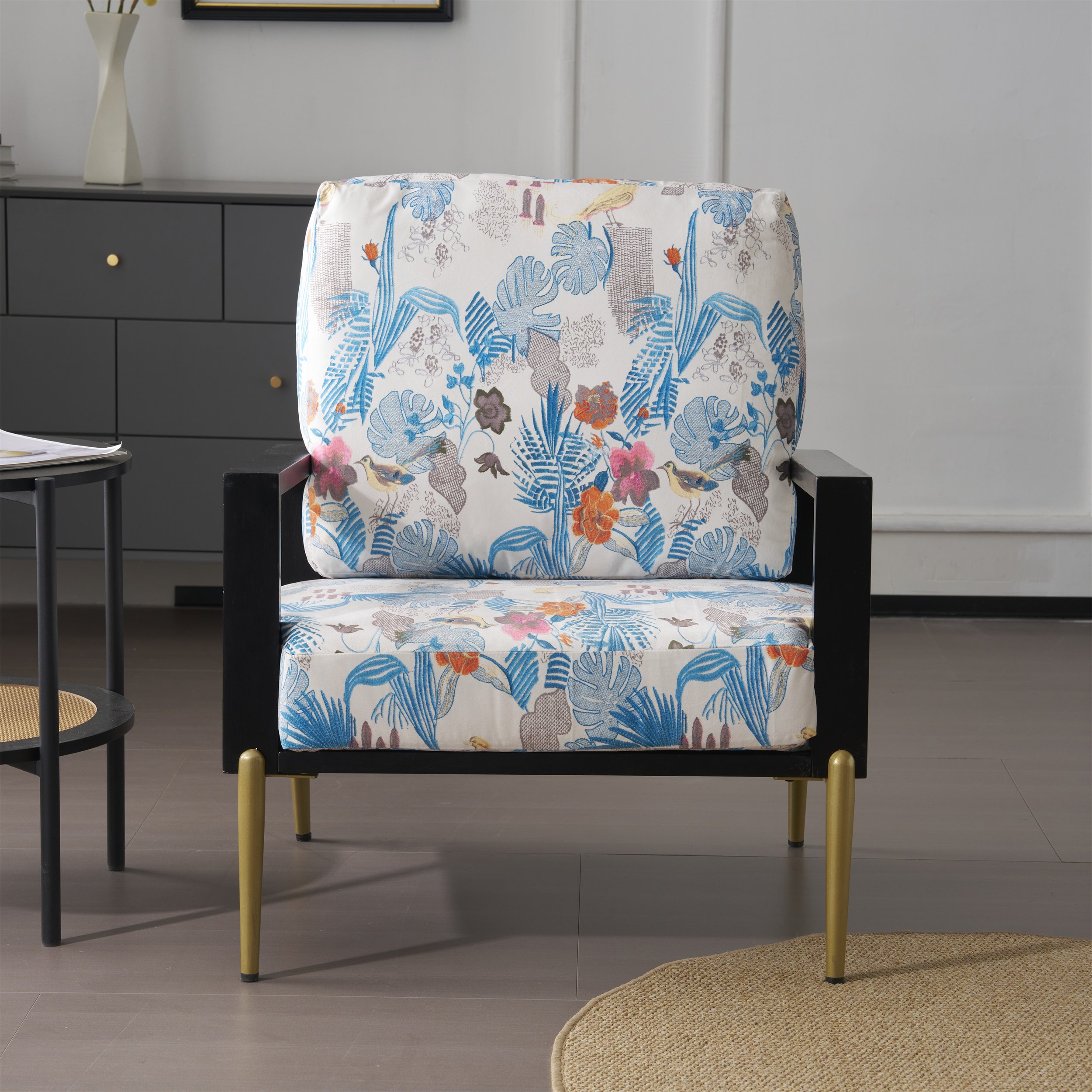 Antique Blue, Black, and Flower Velvet Vintage Armchair - Image 7