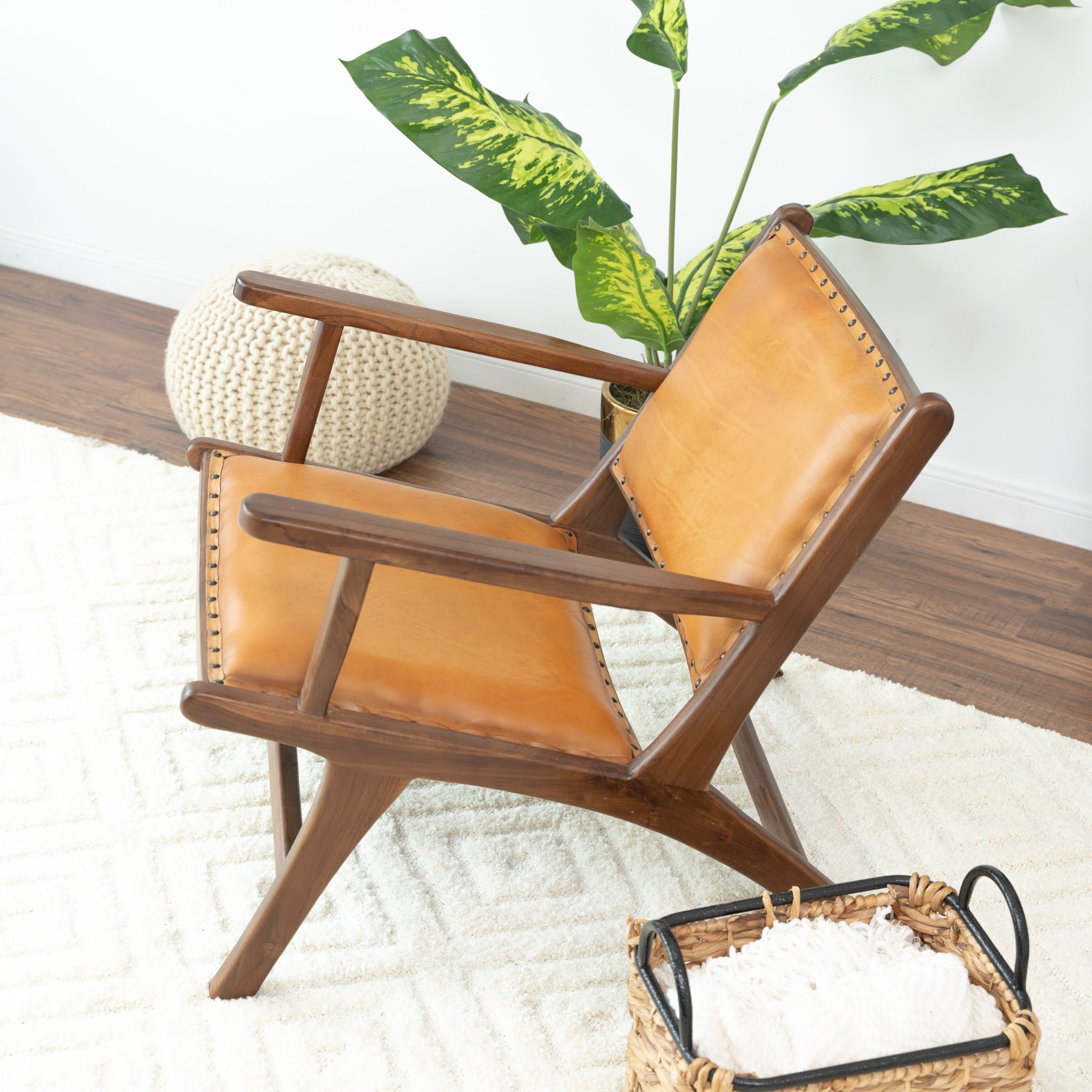 Brown and Tan Solid Wood Modern Armchair - Image 5
