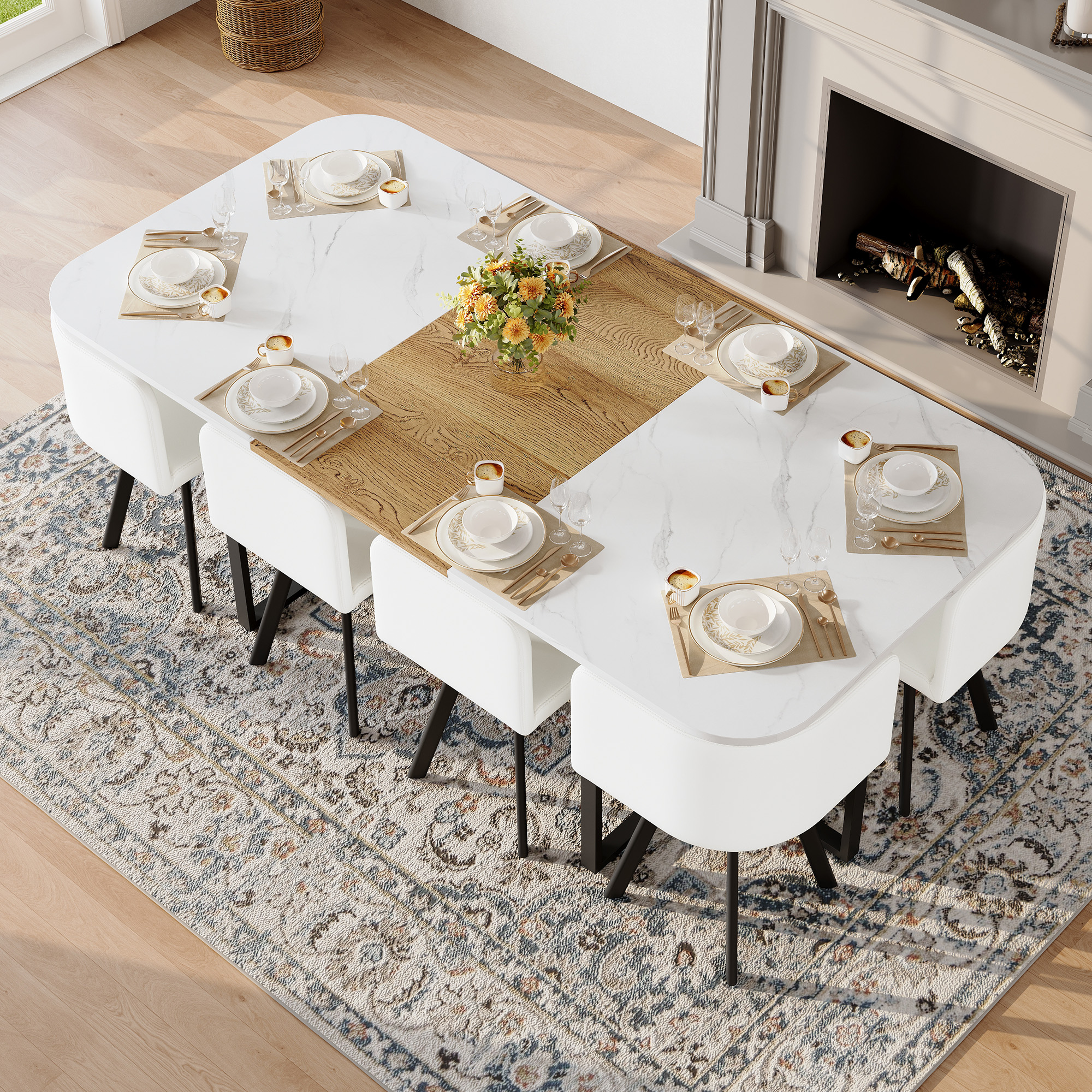 White Faux Leather Dining Table - Nora Lane Home furniture - Marble detail, Upholstered