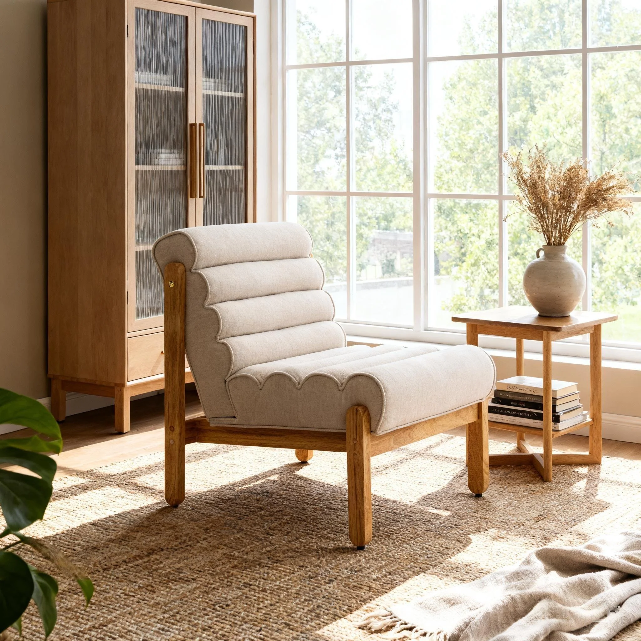Beige and Natural Solid Wood Modern Accent Chair