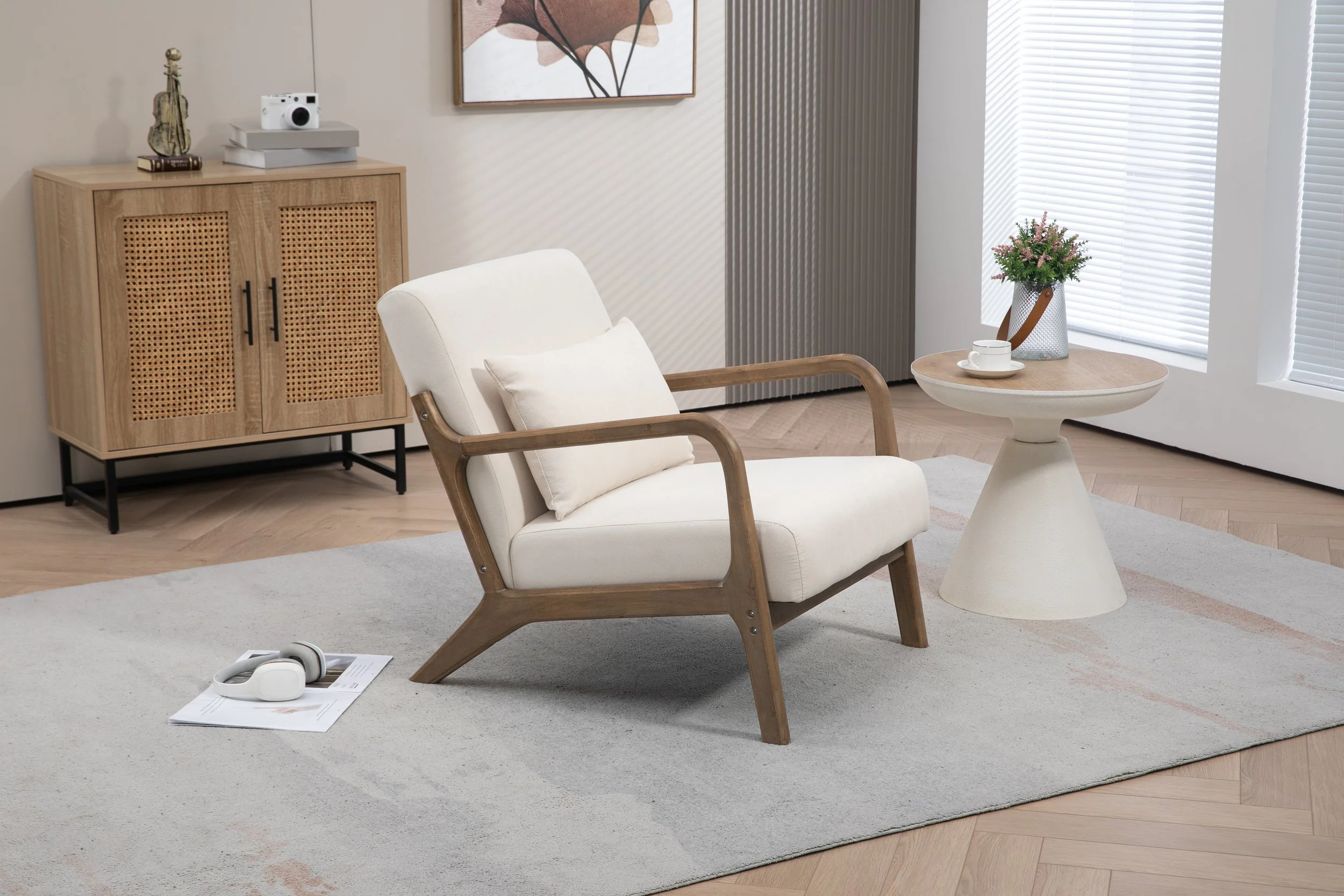 Antique White Linen Mid-century Armchair - Image 3