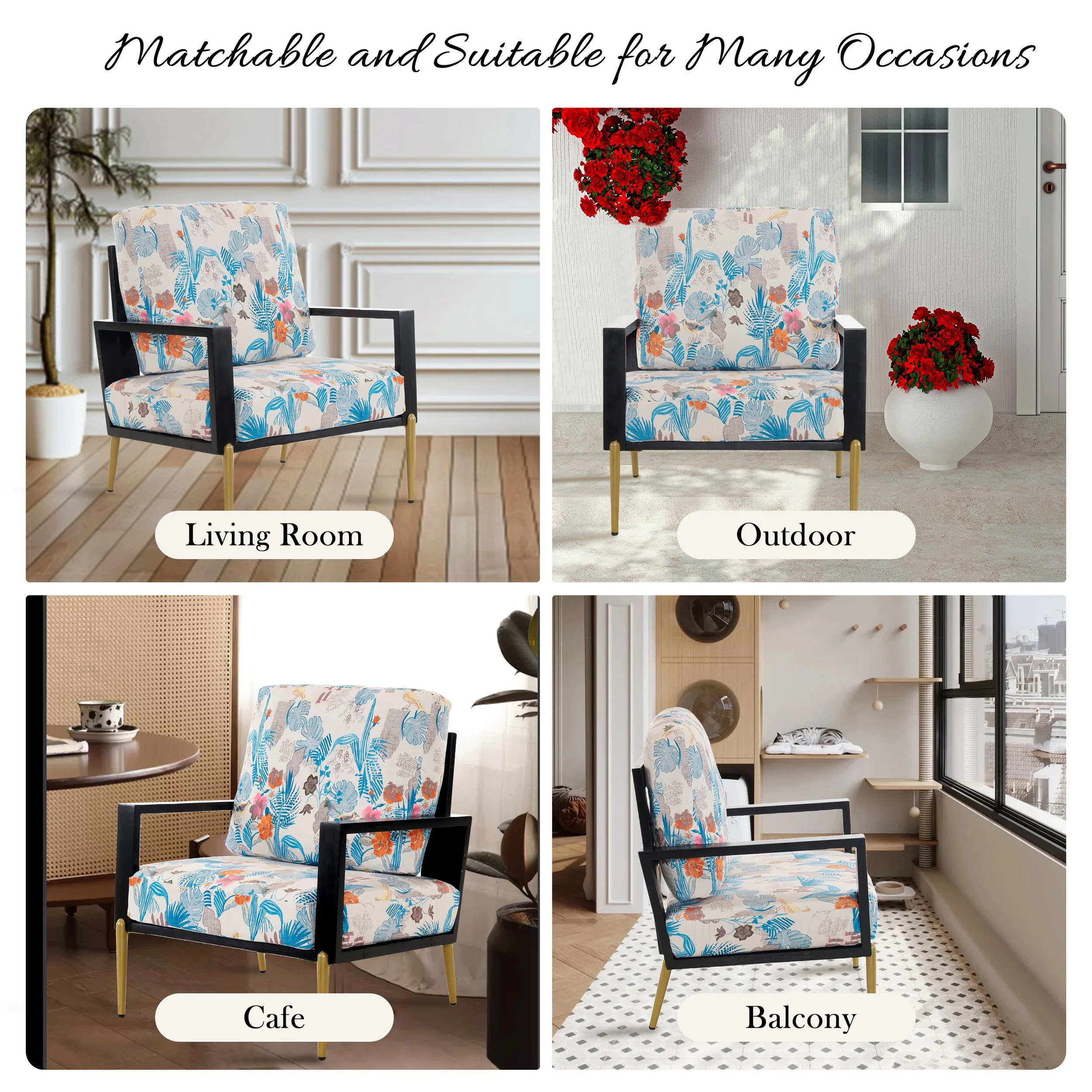 Antique Blue, Black, and Flower Velvet Vintage Armchair - Image 5