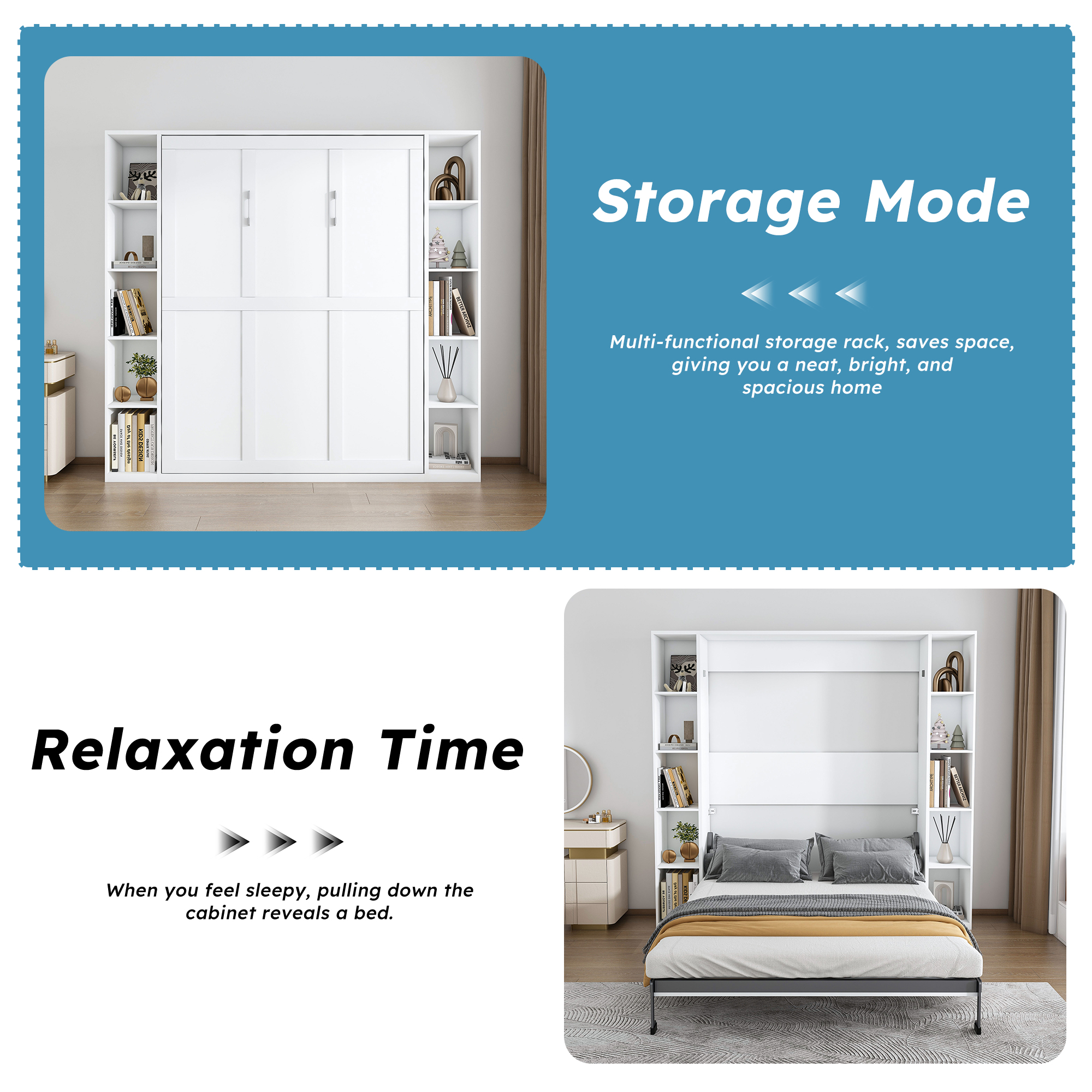 White Solid Wood Storage Wall Bed - Nora Lane Home furniture - Solid wood