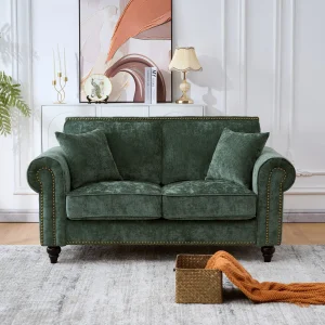 Green Velvet Modern Sofa with Nailhead Trim and Rolled Arms