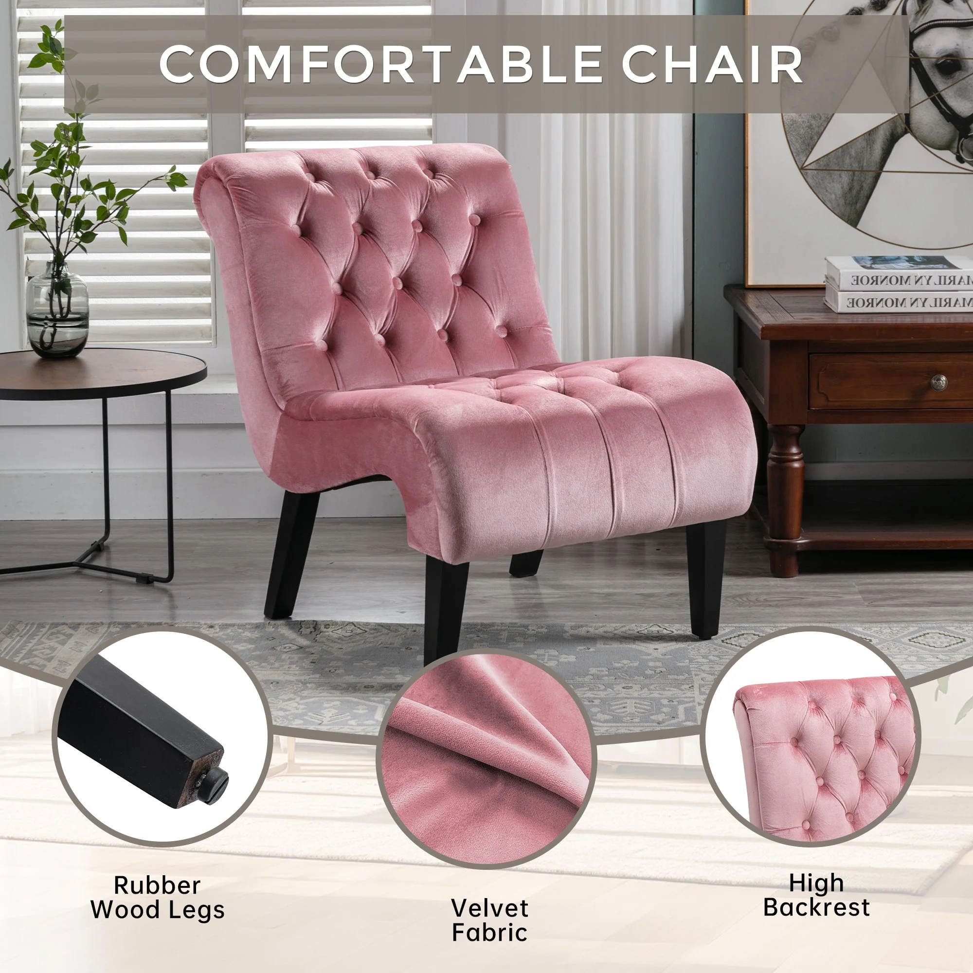 Pink Velvet Modern Accent Chair with Tufted - Image 4